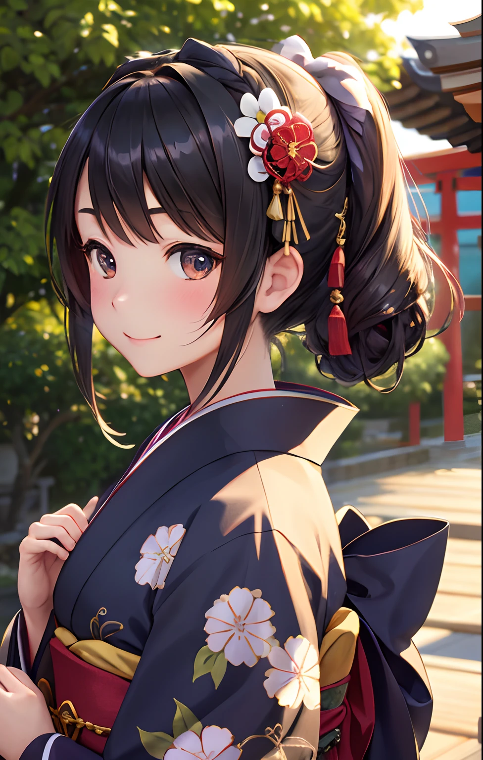 best quality, intricate details, 1girl, subaru_kimono, japanese clothes,hair bow, hair flower,garden,outdoor,(east asian architecture:0.6),backlighting,diffuse lighting,smile