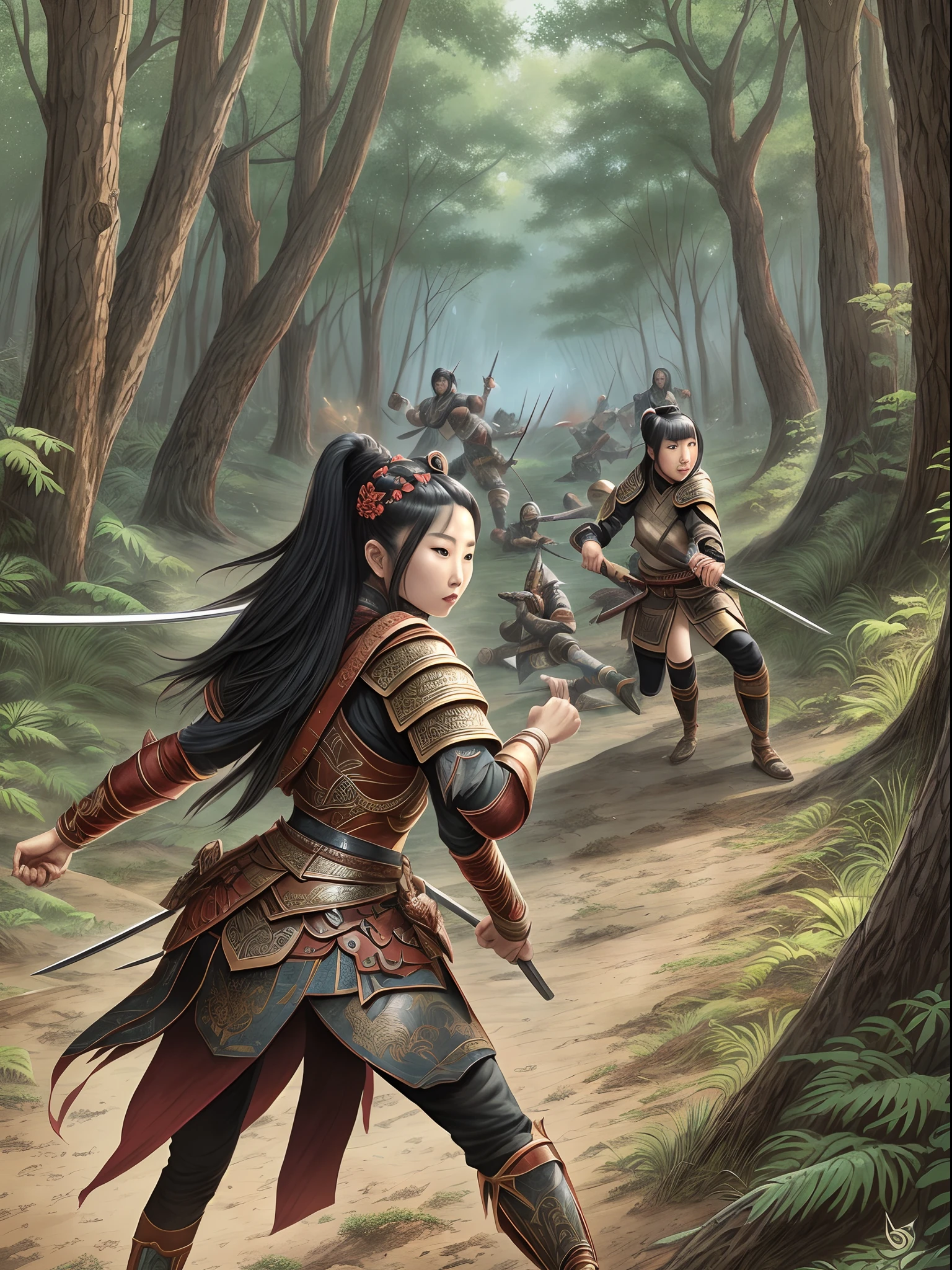 漫画艺术风格, 线条错综复杂，颜色自然柔和，精致整洁，中国女战士在森林里与一群野蛮人搏斗，战斗非常激烈