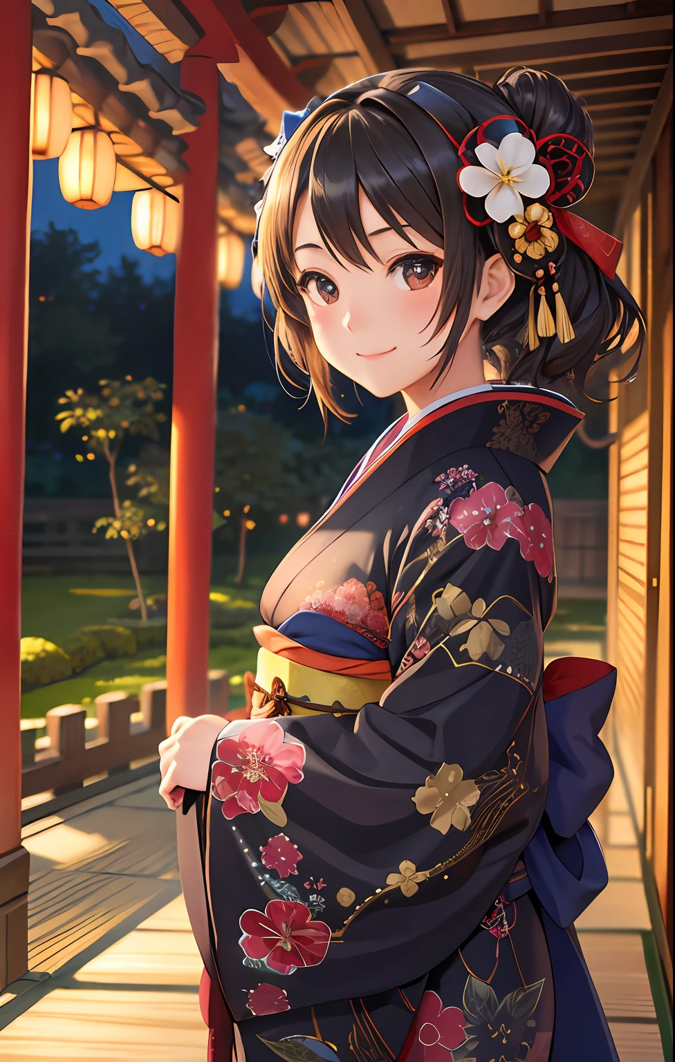 best quality, intricate details, 1girl, subaru_kimono, japanese clothes,hair bow, hair flower,garden,outdoor,(east asian architecture:0.6),backlighting,diffuse lighting,smile
