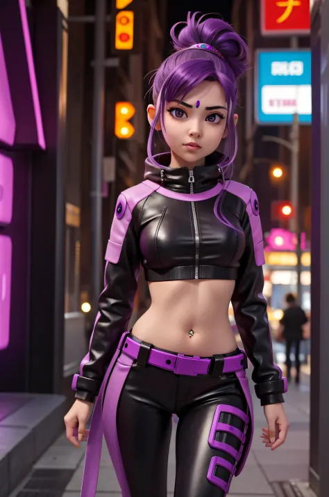 1 girl, 18 years old, purple hair, cyberpunk outfit, futuristic city, navel piercing