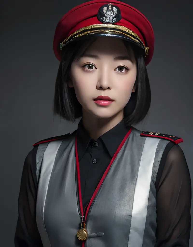 asian pilot in 20s, black bob, red hat, gray uniform, sheer black tights, lane corridor background, huge size, detailed face. (8...