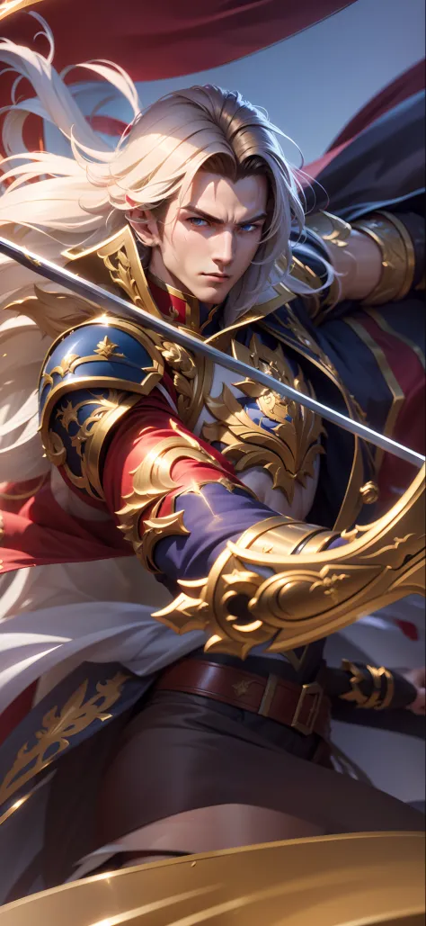 ((8K Resolution)), ((Character Mobile Legend)), 1boy, 25y.o, LANCELOT, Royal Matador, long hair, waite hair, Blue and red Armor,...