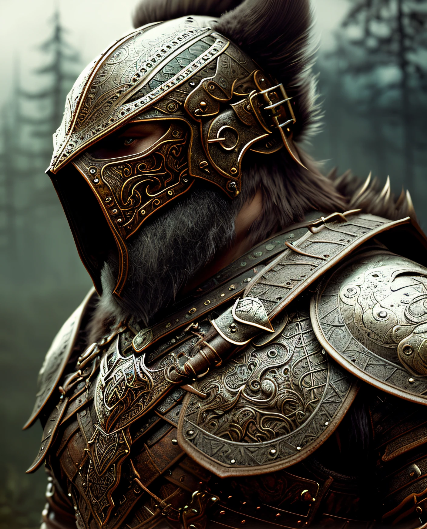 Viking warrior, hyper detailed and ornate leather armor, horse-mounted with hyper detailed dark fur, in artstation forest art, hazy background, realistic epic, rutkowski, hdr, intricate details, hyperdetailed, cinematic, rim light, muted colors: 1.2, dark fantasy, dark and reddish sky, with dark mountains in the background, dark and dangerous atmosphere