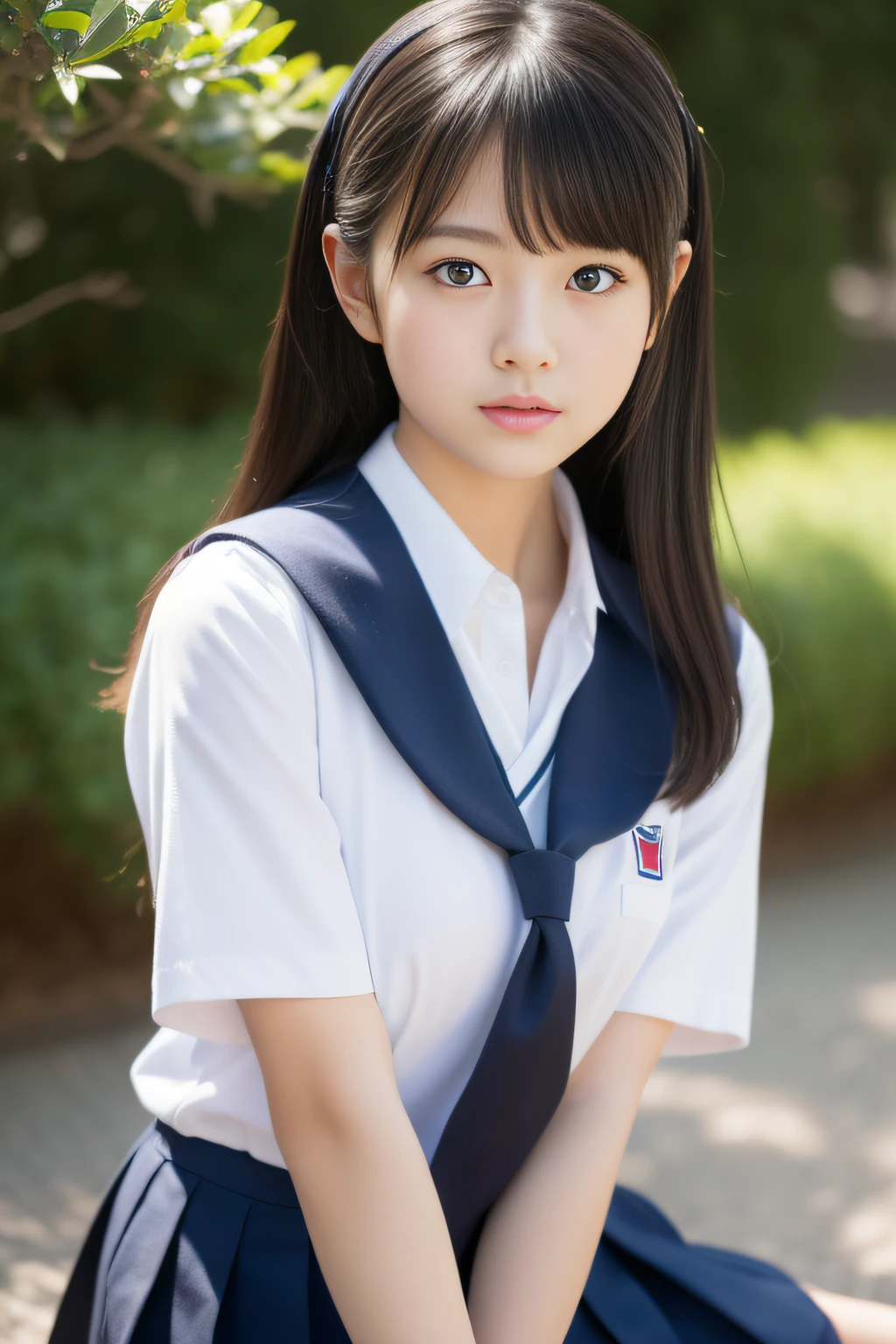 Arafed asian girl in a school uniform sitting on a bench - SeaArt AI