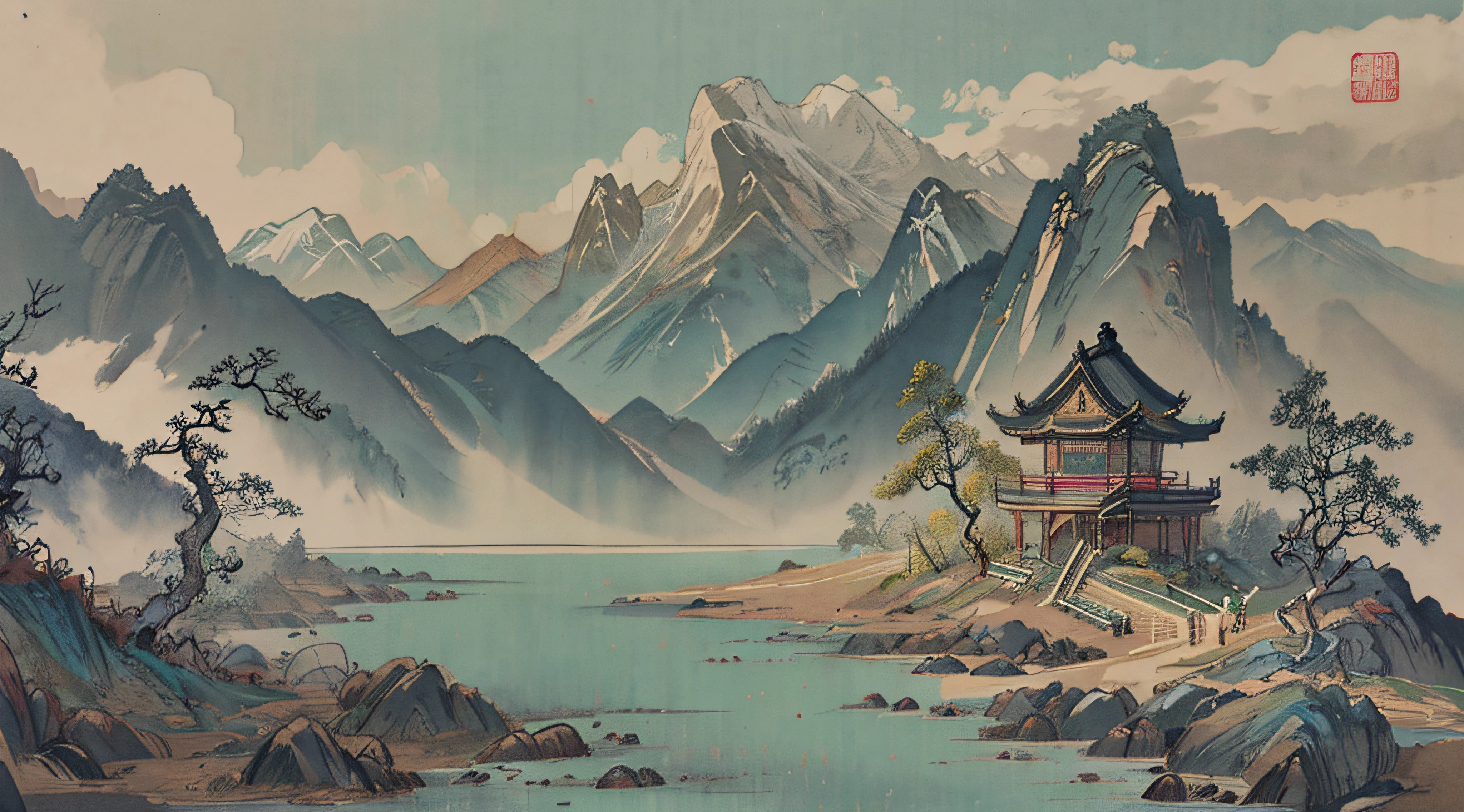 超高分辨率，tmasterpiece，8k，Wallpapers，HighestQuali，extremely detaile，Shen Mengxi's painting "Qianli Jiangshan" depicts a landscape in the style of the Song Dynasty, using meticulous brushwork combined with a touch of freehand brushwork. Among the layered mountains and peaks, pine trees grow, and there is a light green lake with a mirror-like surface. A stone bridge with a pavilion connects two mountains. In the distance, there are continuous far-off mountains and a pale blue sky ((without any clouds)), The setting sun hangs in the sky, creating a captivating scene,claborate-style painting,pixel world,a photo of shanshui by jinliang,zydink