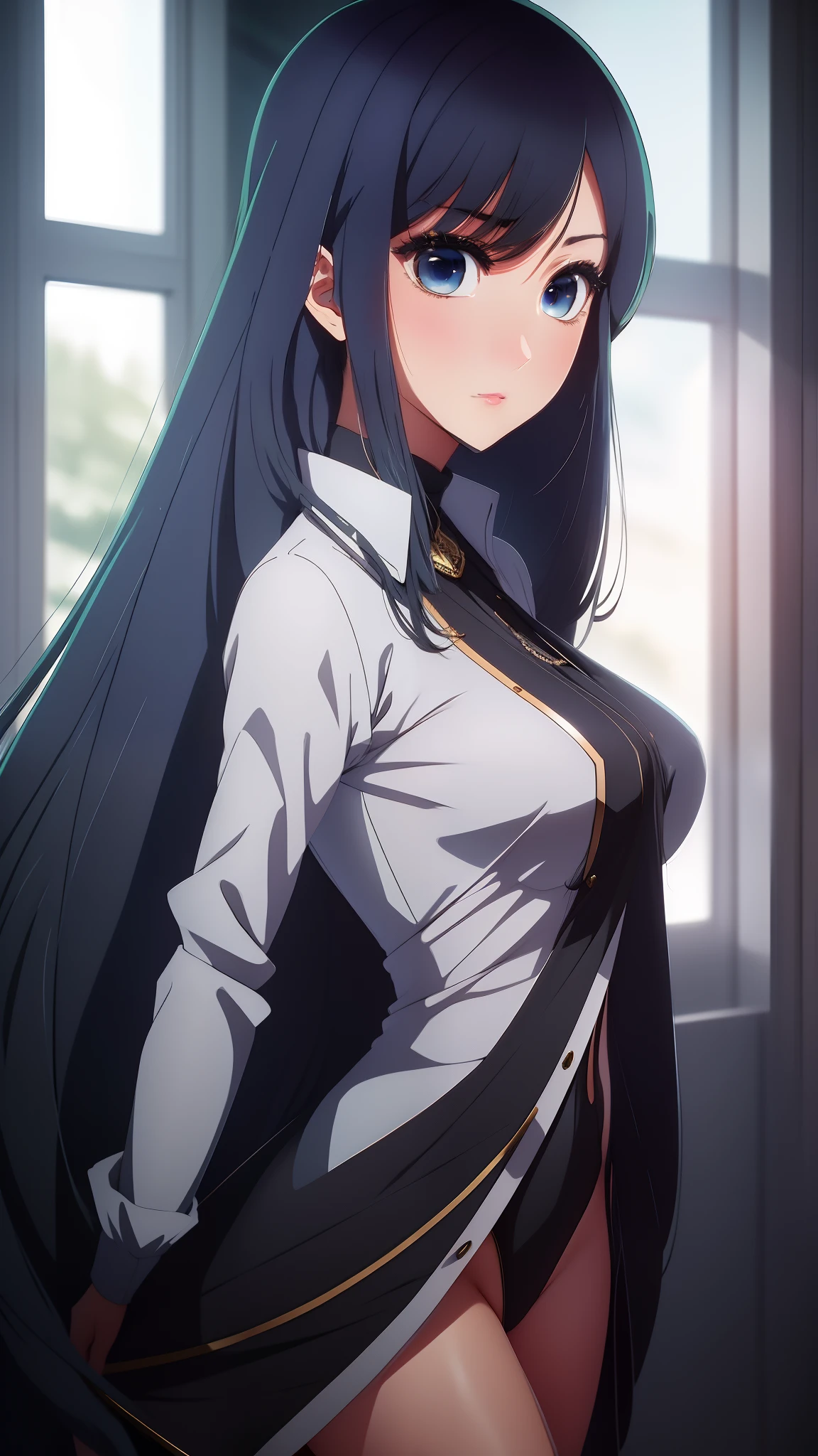 "Anime character girl, 18+, elegant black hair, mesmerizing black eyes, captivating beauty, gracefully proportioned, expressive features, alluring charm, tasteful attire, confident and charismatic aura, sex, long hair