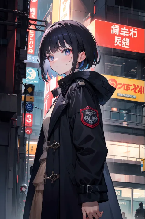 Woman in black trench coat standing in the street, On rainy nights, dim murky lights, Blue left eye, Red right eye, black hair, blunt bangs, short hair, mismatched pupils, Futurism, cinematic lighting, from below, wide shot, from side, cowboy shot, UHD, ma...