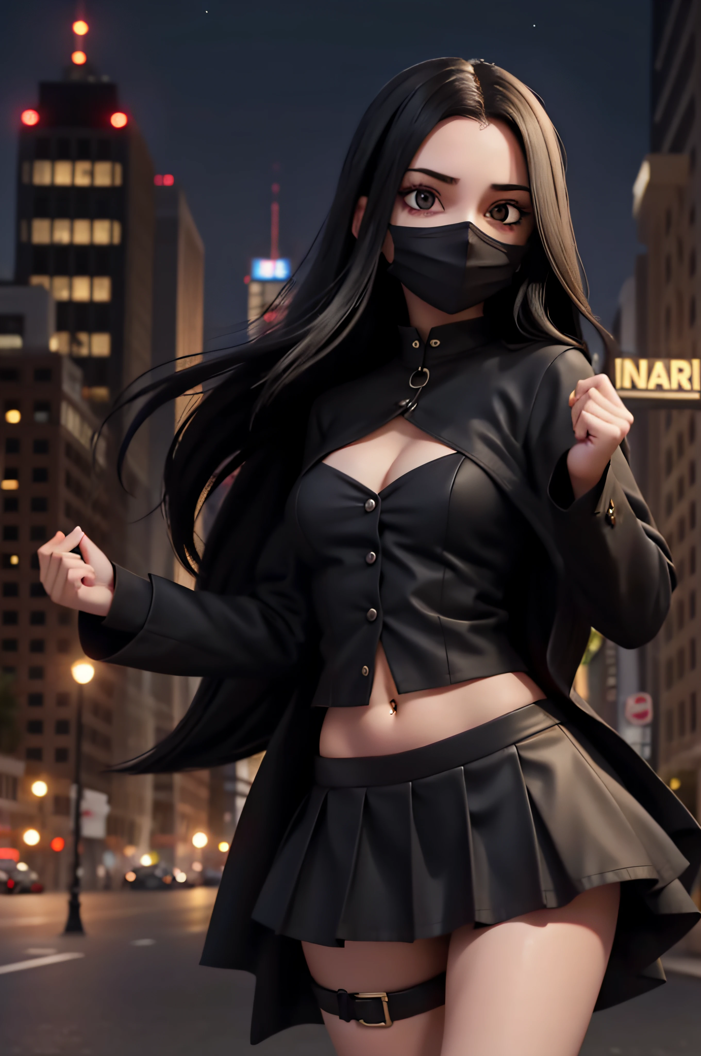 1 girl, 18 years old, long black hair, ghostface mask, night city, navel piercing, black skirt
