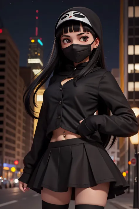 1 girl, 18 years old, long black hair, ghostface mask, night city, navel piercing, black skirt