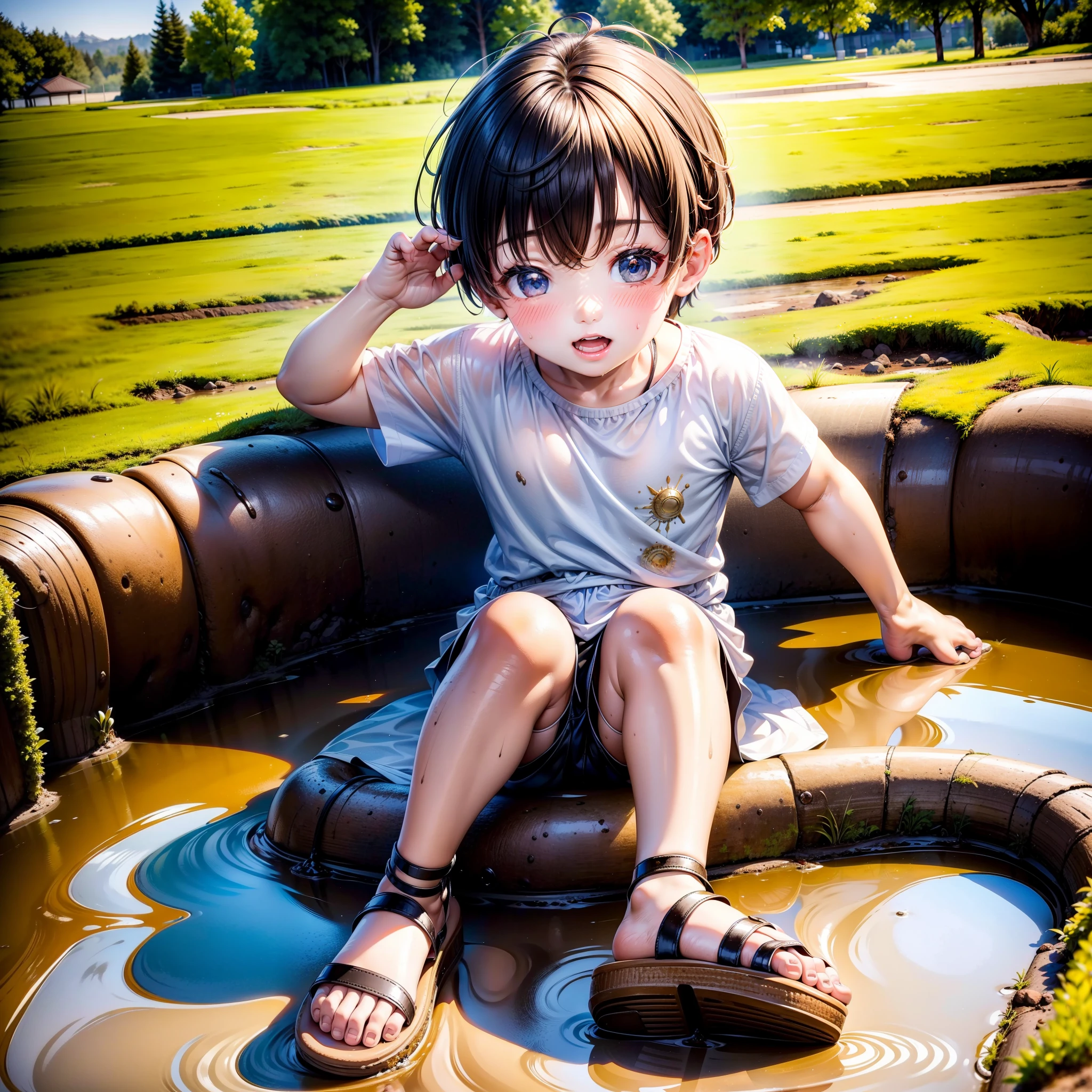 A 6-year-old boy rolls in the mud，Shota，slightly fat big breasts，White top，Messy bangs，Shota，sandals，sludgy，Dirty，footprints。and the sun was shining brightly，quadratic element，A high resolution，Best Masterpiece，ssmile，Be red in the face