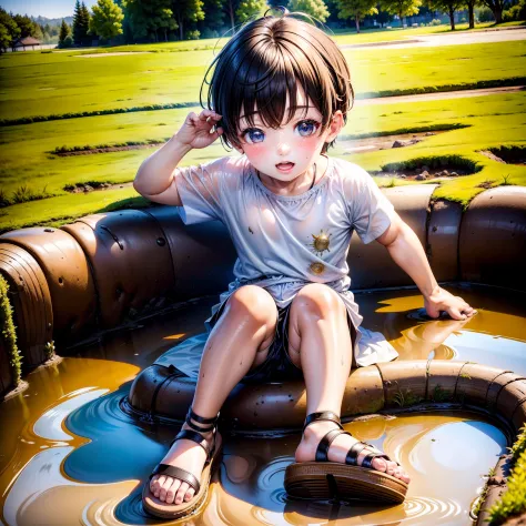 A 6-year-old boy rolls in the mud，Shota，slightly fat big breasts，White top，Messy bangs，Shota，sandals，sludgy，Dirty，footprints。and...