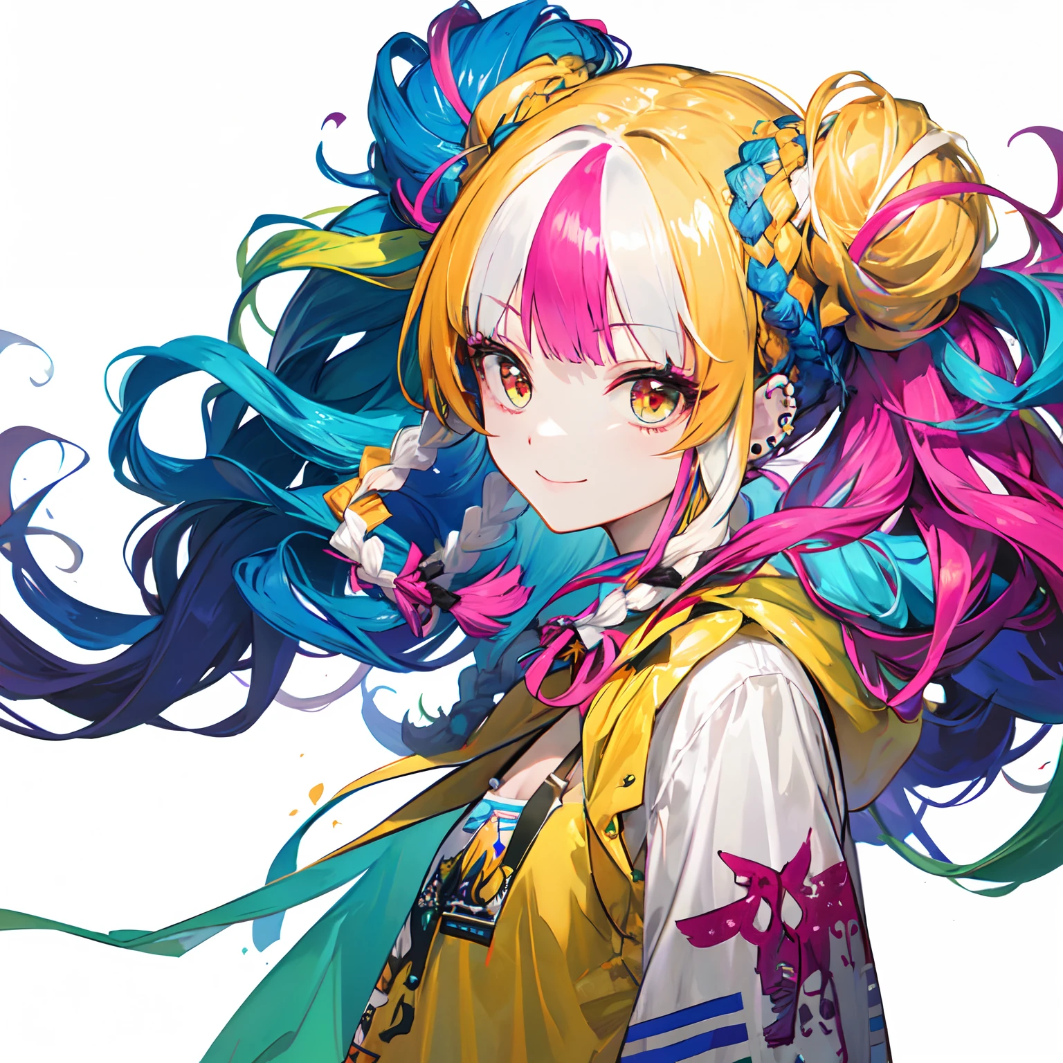 from side,solo,(braid,dreadlocks:1.3),hime cut,two side up,(drill hair,afro,ponytail,twintails,hair bun:0.8),(wavy multicolor hair:1.2),(smokeanywhere:1.4),piercing,smile