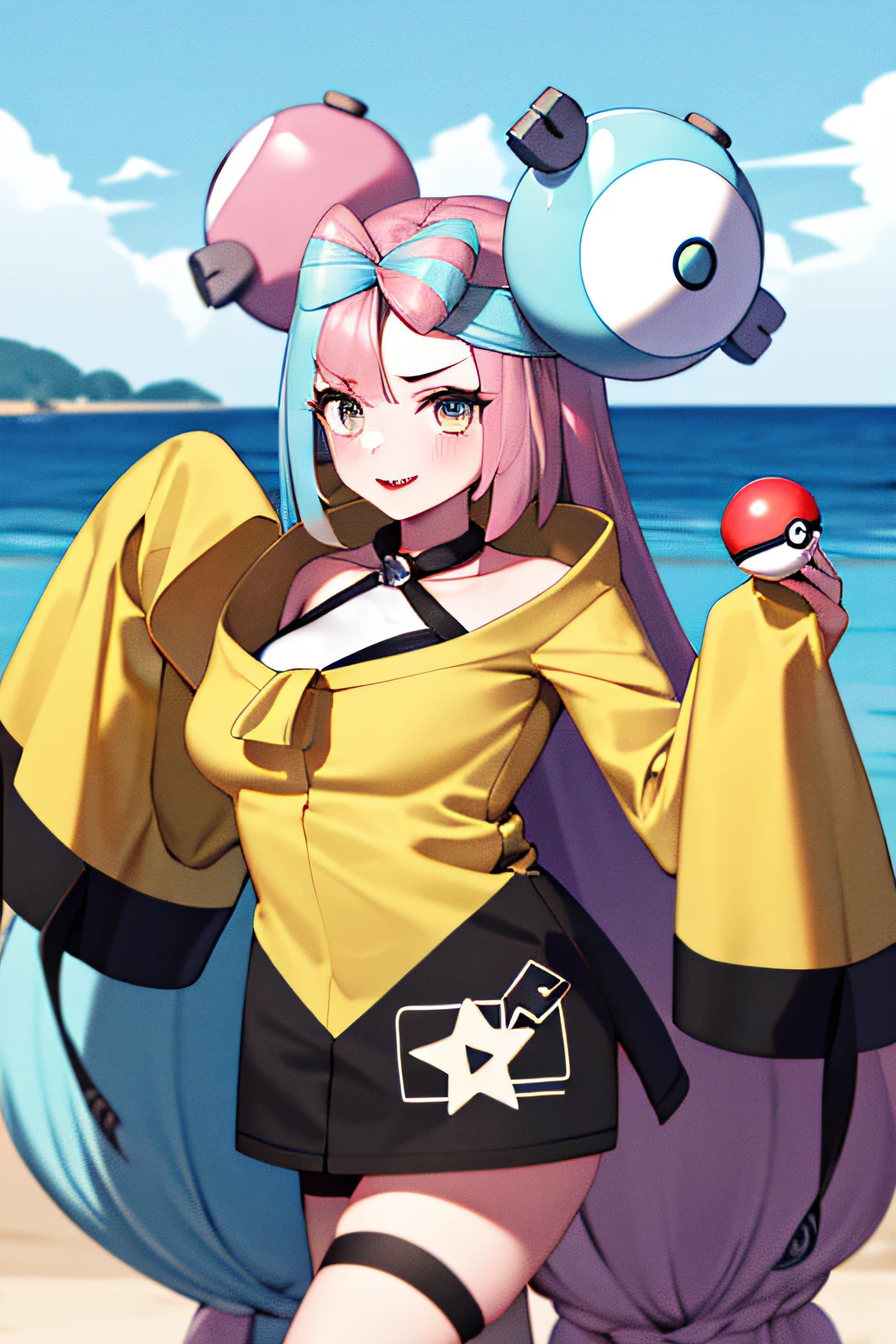 ​masterpiece, top-quality, Hi-Res, iono1, 1girl, The long-haired, hair adornments, long-sleeve, cowboy  shot, (Holding poke_ball), poke ball \(basic\),sea side