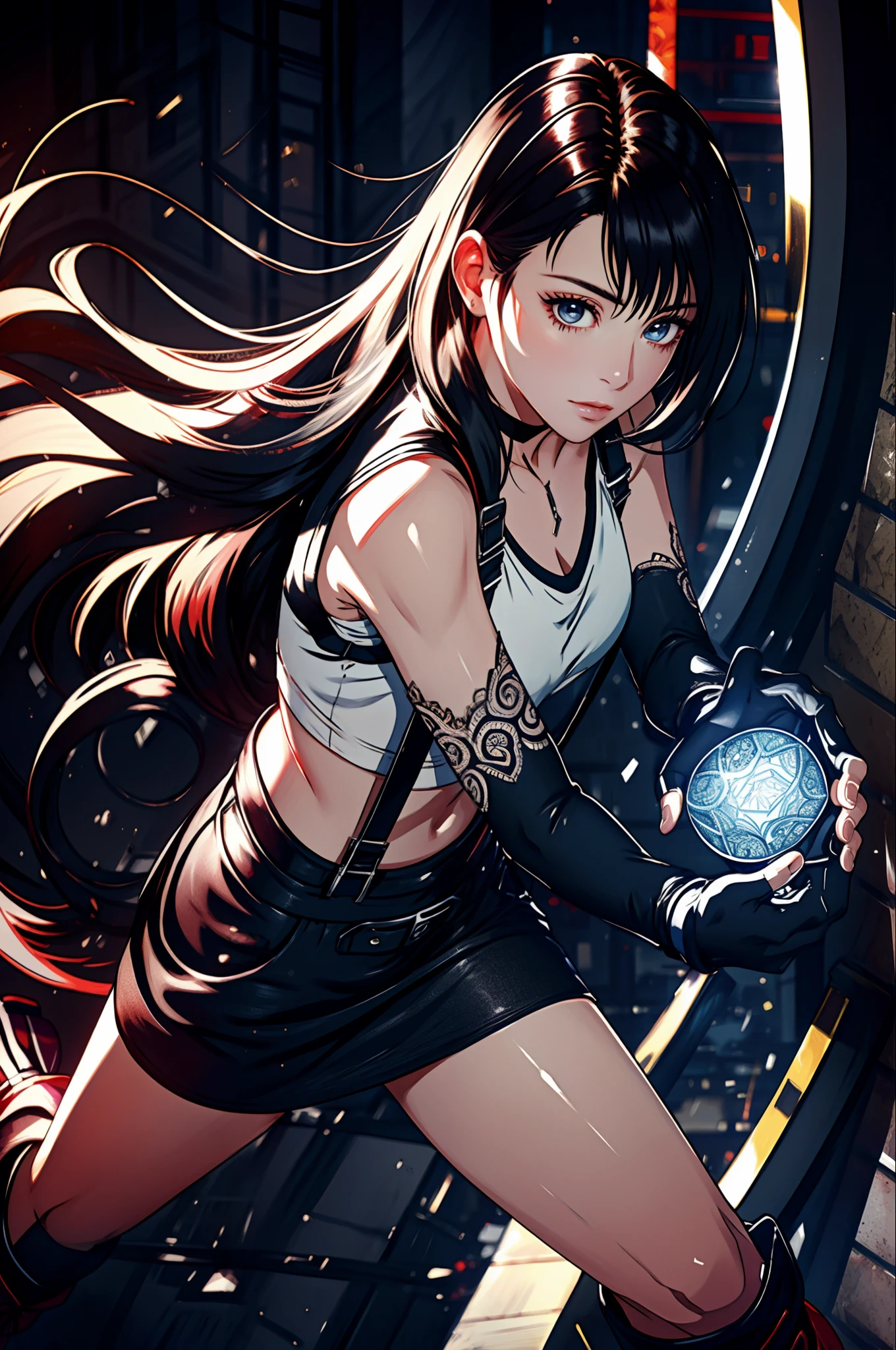 perfect eyes: 1.2, detailed eyes: 1.4, charging, kamehameha, defTifa, white crop top, elbow pad, fingerless gloves, suspenders, pencil skirt, black socks, red boots, complex details beautiful and delicate eyes, ultra-realistic CG 8K, ((ultra-detailed background, delicate pattern, intricate details)), (masterpiece:1.6, best quality), 1girl, solo