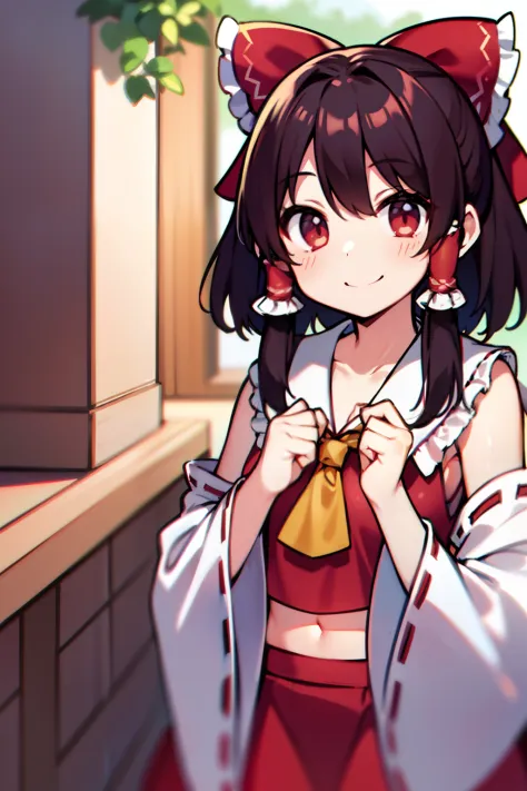 reimu hakurei、a smile、left-leaning