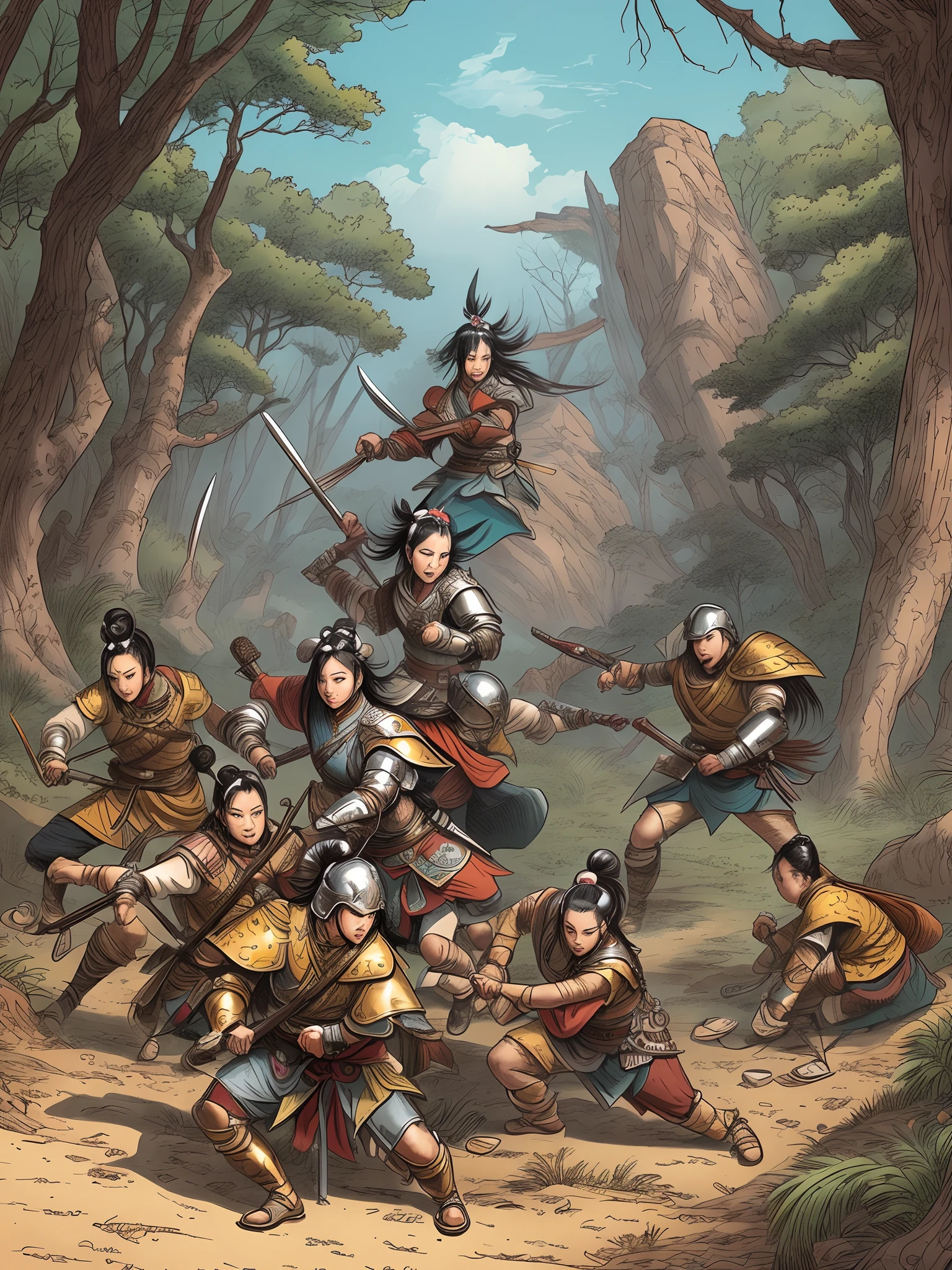 comic artstyle, The lines are intricate，The colors are naturally soft，Delicate and neat，Chinese female warrior in armor，Fight a group of barbarians in the forest，The battle was fierce