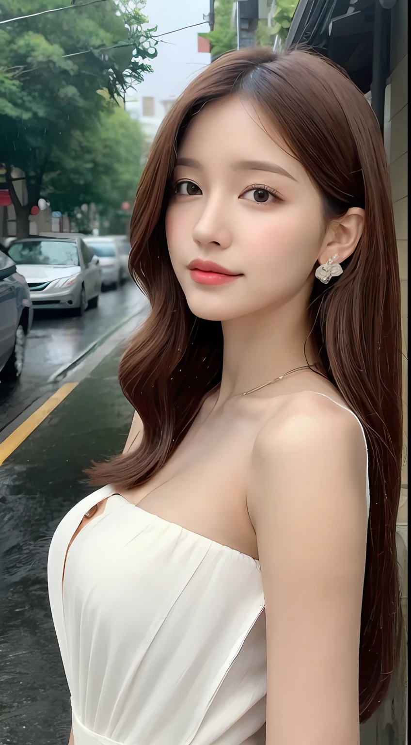 ((Best Quality, 8k, Masterpiece: 1.3)), Focus: 1.2, Perfect Body Beauty: 1.4, Buttocks: 1.2, ((Layered Haircut, Flat Chest: 1.2)), (Rain, Street:1.3), Bandeau Dress: 1.1, Highly Detailed Face and Skin Texture, Fine Eyes, Double Eyelids, Whitened Skin, Long Hair, (Shut Up: 1.3), Full Body