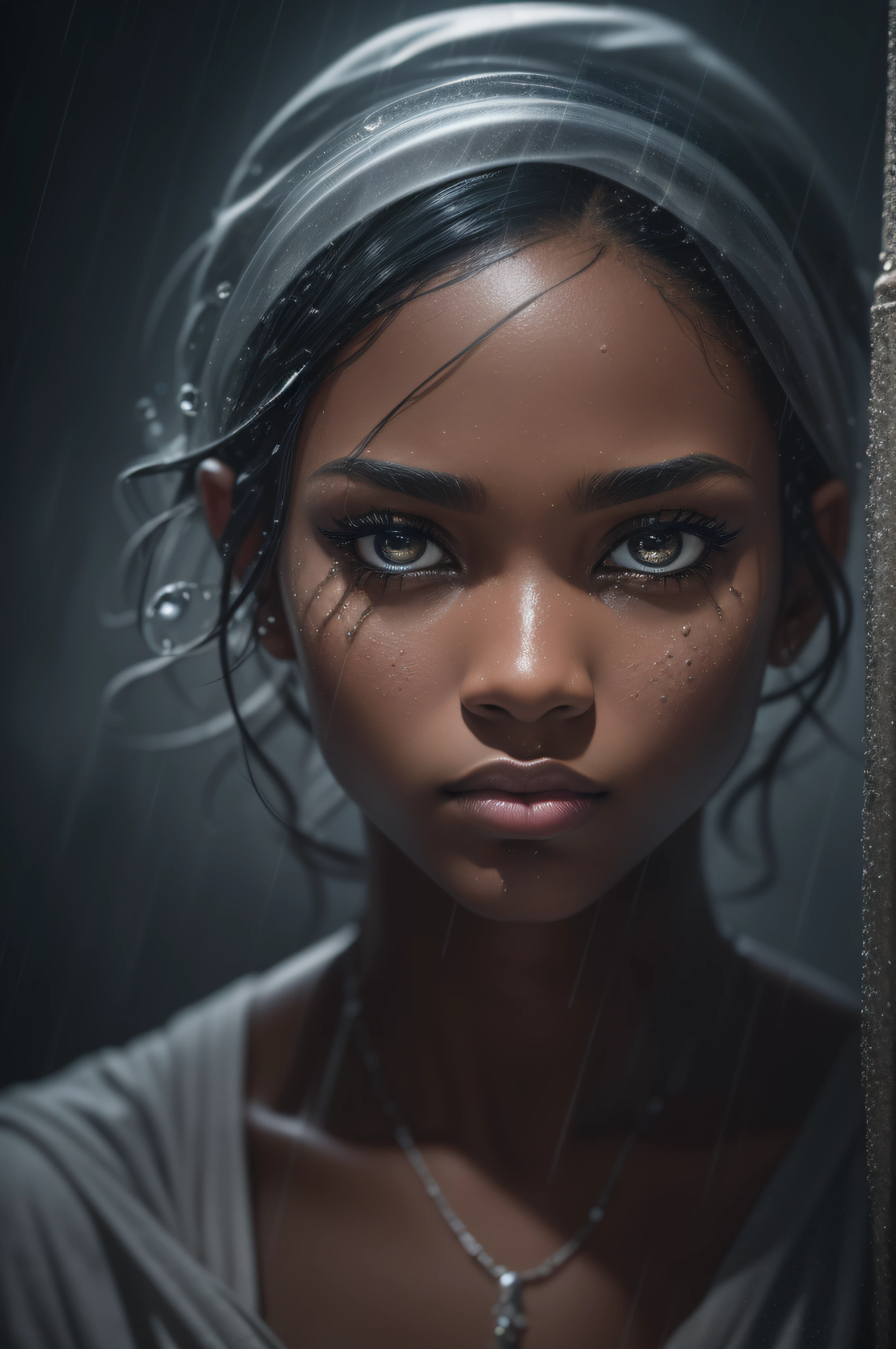 (sharp focus:1.2), an award winning photo of an stunning ebony woman, water droplets, thunderstorm outside, lightning back lighting, , lines on face, wrinkles, extremely detailed skin, sadness, hopelessness ,cloudy eyes, (deep shadows:1.1), high contrast, beautiful eyes, absurdres, 8k, (high quality:1.3), , artstation hd, concept art, detailed face and body, award-winning photography, (moody lighting:1.2), depth of field, bokeh, 4K, HDR