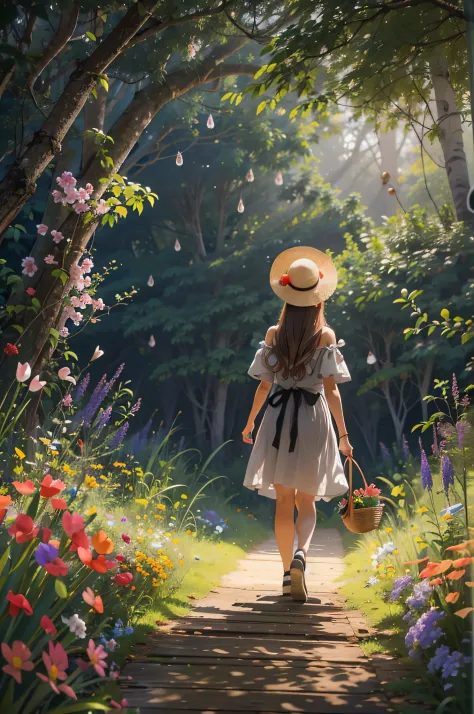 There is a back view of a beautiful girl with a basket walking on a grass path in a dimly lit forest、She wears a straw hat and u...