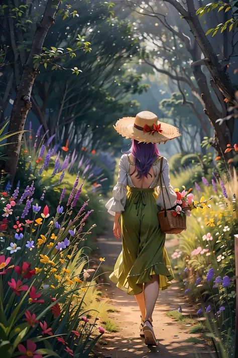 There is a back view of a beautiful girl with a basket walking on a grass path in a dimly lit forest、She wears a straw hat and u...