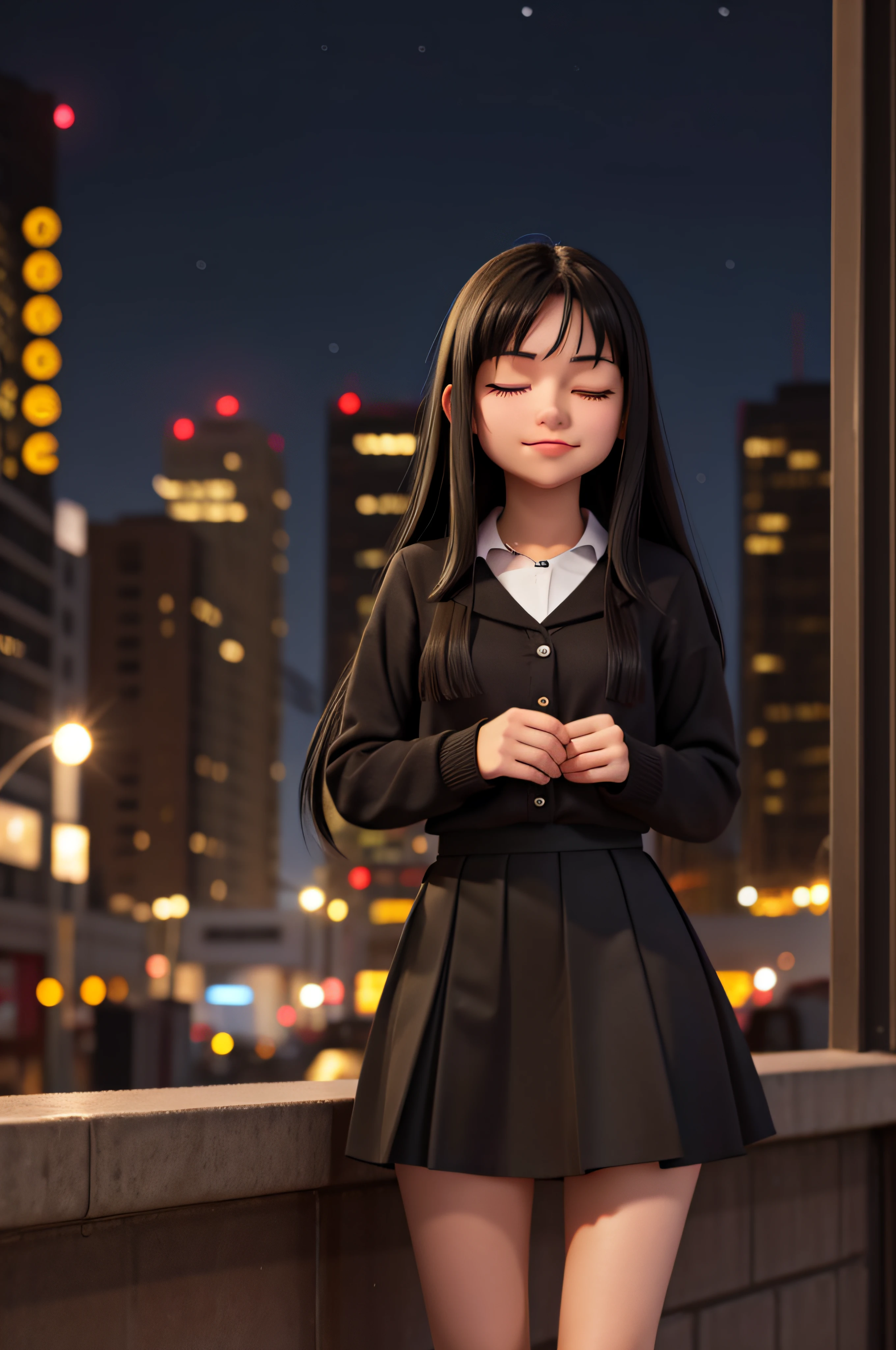 1 girl, 18 years old, long black hair, sticking out her tongue, eyes closed, night city, black skirt