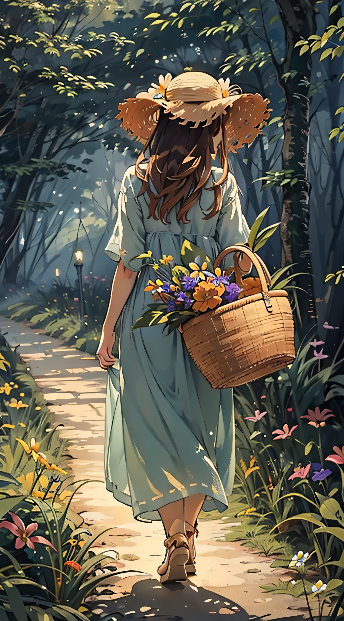 There is a back view of a beautiful girl with a basket walking on a grass path in a dimly lit forest、She wears a straw hat and uses it as a floral hair ornament、At the exit of the forest where she is walking, you can see a paradise of flowers spreading out in the dazzling light.、Looks Back、Masterpiece