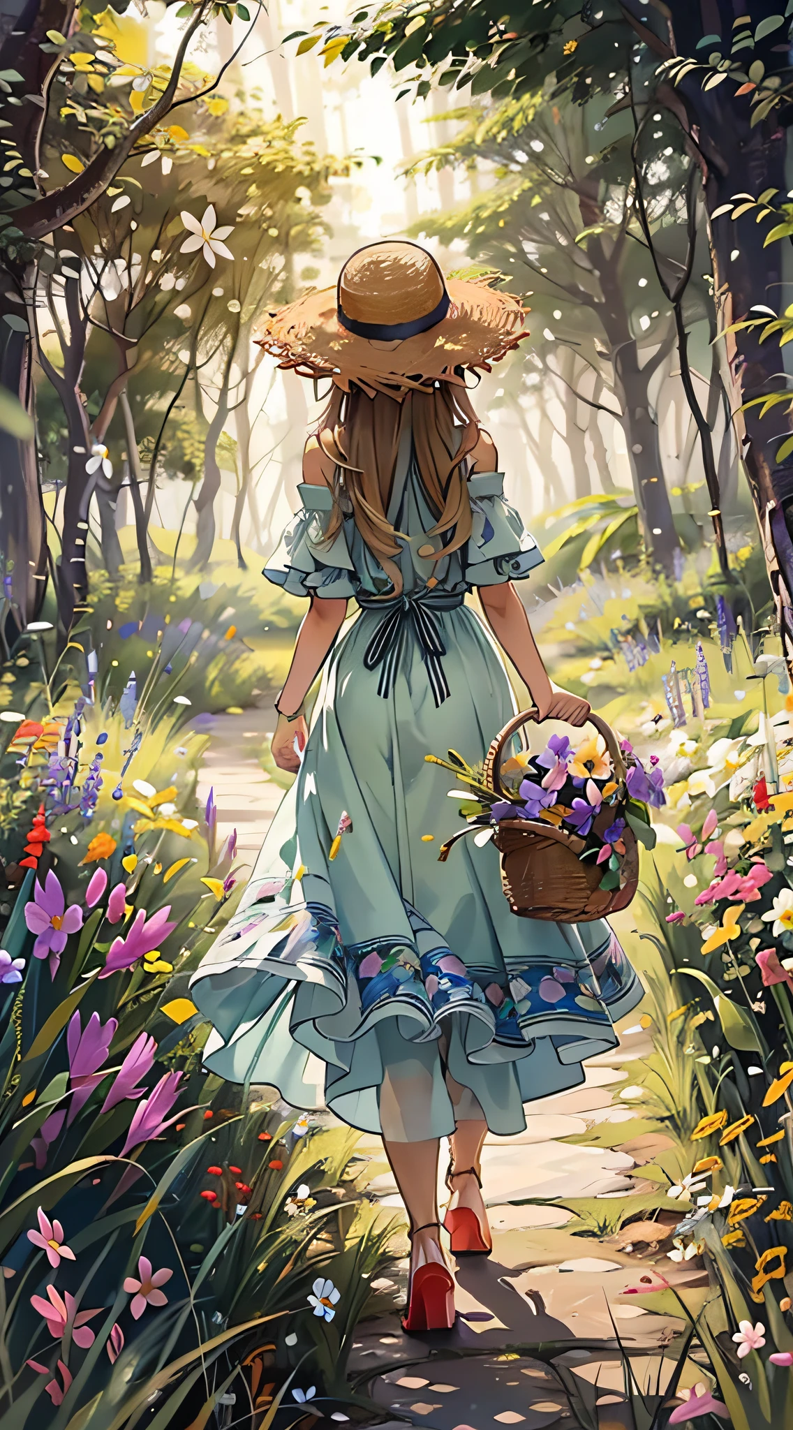 There is a back view of a beautiful girl with a basket walking on a grass path in a dimly lit forest、She wears a straw hat and uses it as a floral hair ornament、At the exit of the forest where she is walking, you can see a paradise of flowers spreading out in the dazzling light.、Looks Back、Masterpiece