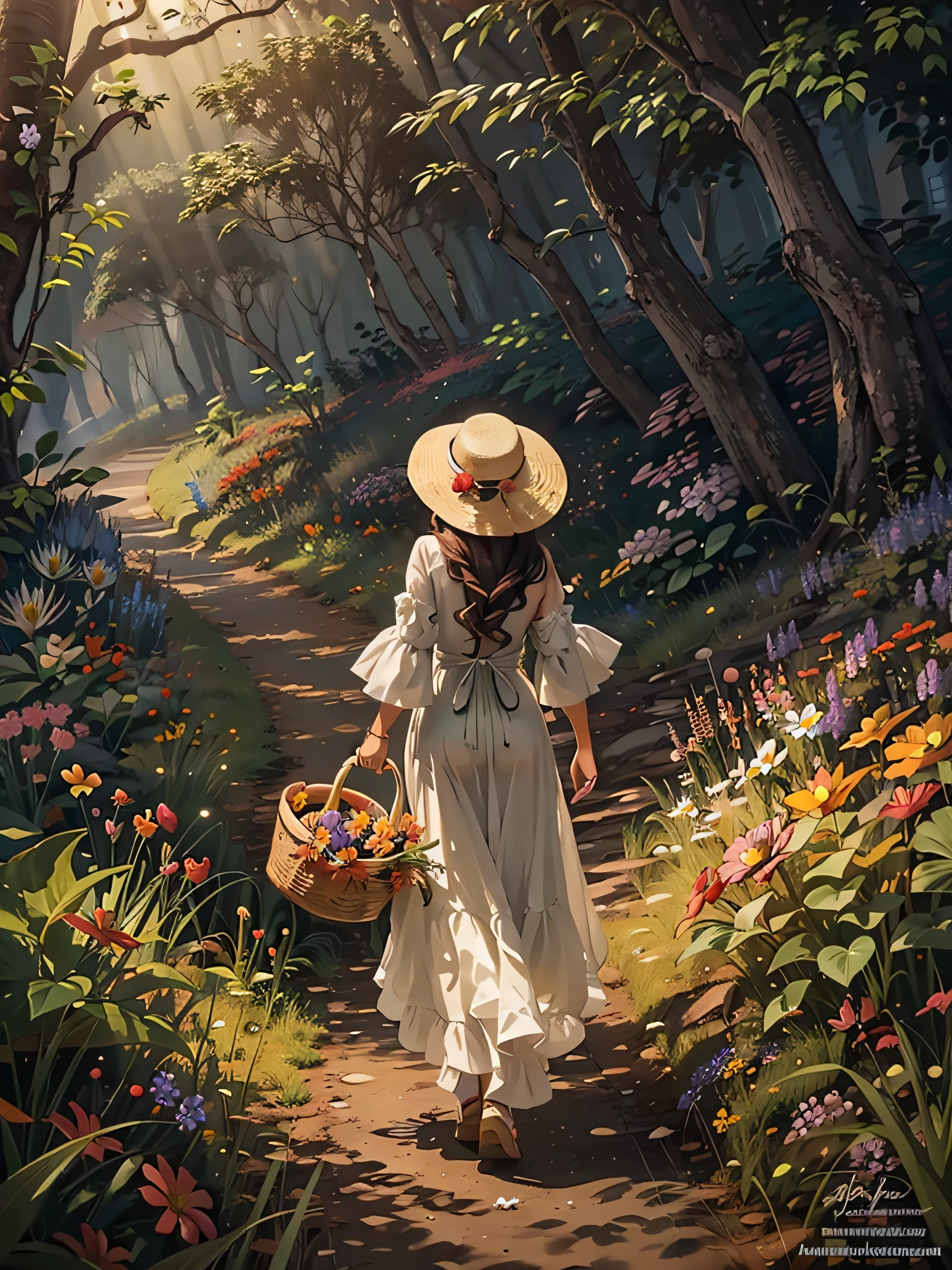 มีวิวด้านหลังของสาวสวยถือตะกร้าเดินบนเส้นทางหญ้าในป่าที่มีแสงสลัว、เธอสวมหมวกฟางและใช้เป็นเครื่องประดับผมดอกไม้、ที่ทางออกของป่าที่เธอกำลังเดินอยู่, ท่านจะมองเห็นสวรรค์แห่งดอกไม้บานสะพรั่งท่ามกลางแสงระยิบระยับ.、มองย้อนกลับไป、ผลงานชิ้นเอก