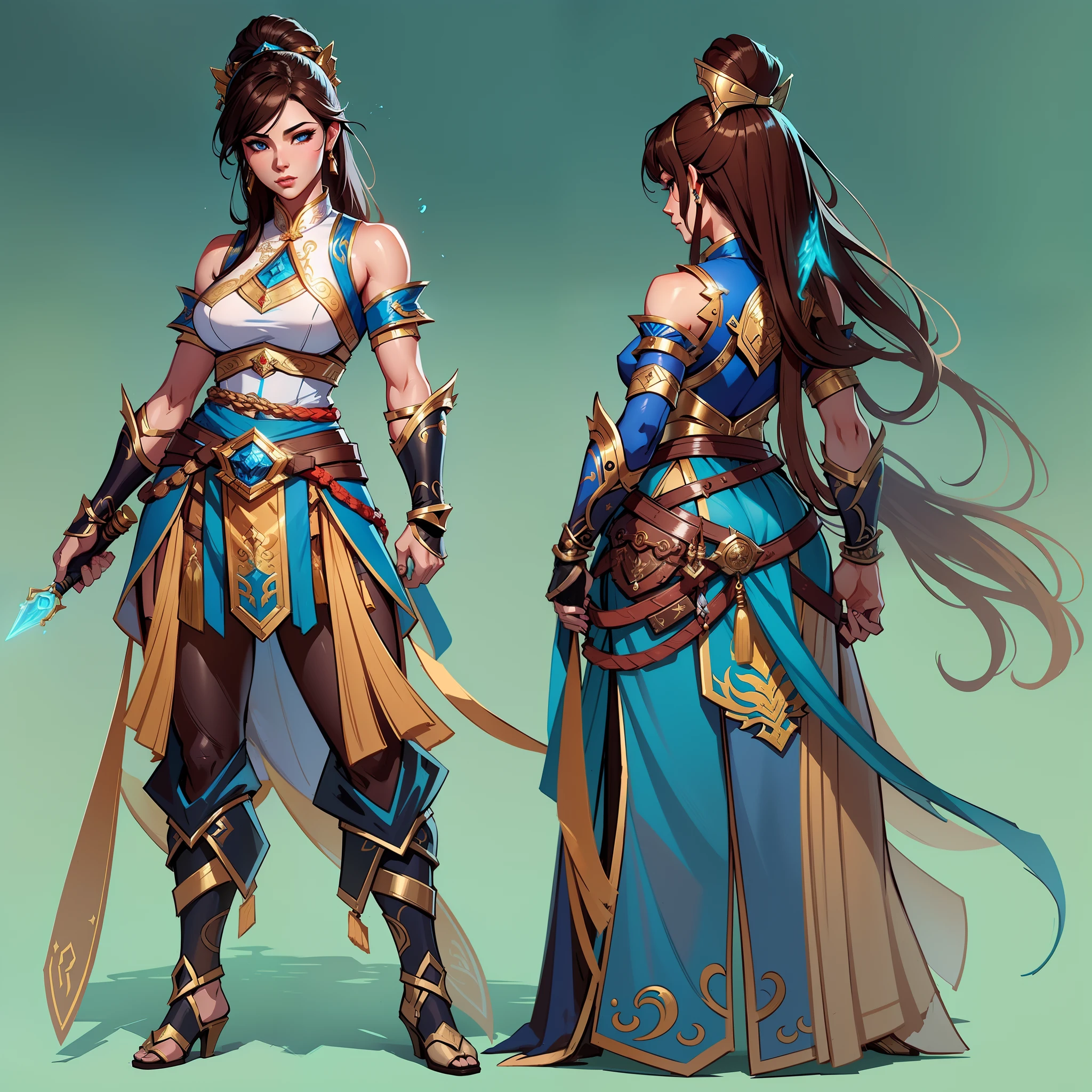 a close up of a strong amazon woman in her 30's, with hazel eyes and brown hair, wearing a blue and black belly dancer attire, a heroine with hazel eyes, female holding tonfa, mage with water magic, middle-eastern princess, standing in a chinese temple, new costume concept design, in the style of blade and soul, full body character concept, detailed character design, inspired by Yang Jin, inspired by Li Mei-Shu, chinese costume, inspired by Lan Ying, inspired by Sim Sa-Jeong, inspired by Li Tang, lunar themed attire, costume with blue accents, inspired by Ju Lian, colored concept art, highly detailed character design, highly detailed face, inspired by Ai Xuan, very highly detailed face, unreal engine render, final fantasy 14 style, inspired by Leng Mei