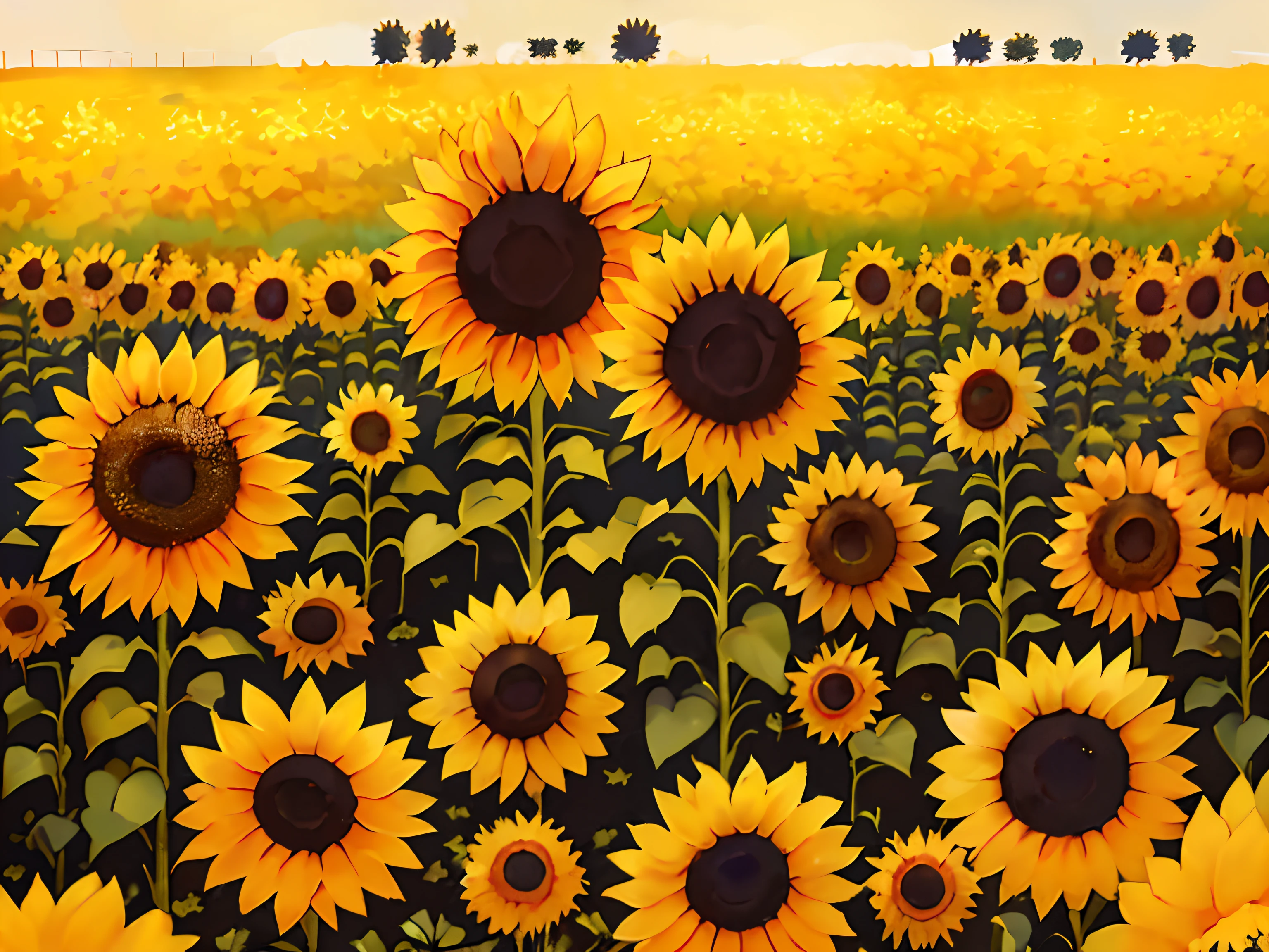 there are many sunflowers in a field with a sky background, sunflower field, sunflowers, field of sunflowers, scene: sunflower field, scene : sunflower field, laurent durieux, by Ikuo Hirayama, by Chiho Aoshima, by Kaii Higashiyama, dan mcpharlin, by rainer hosch, by Hiroshi Honda