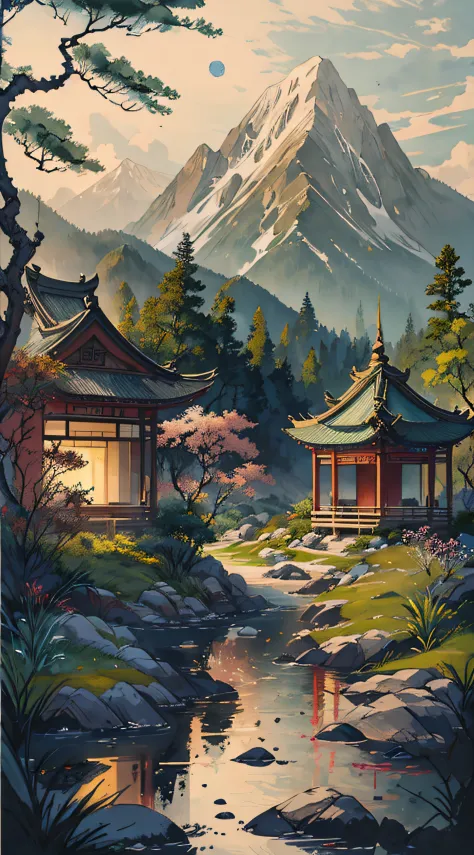 超高分辨率，tmasterpiece，8k，Wallpapers，HighestQuali，extremely detaile，Shen Mengxi's painting "Qianli Jiangshan" depicts a landscape in...