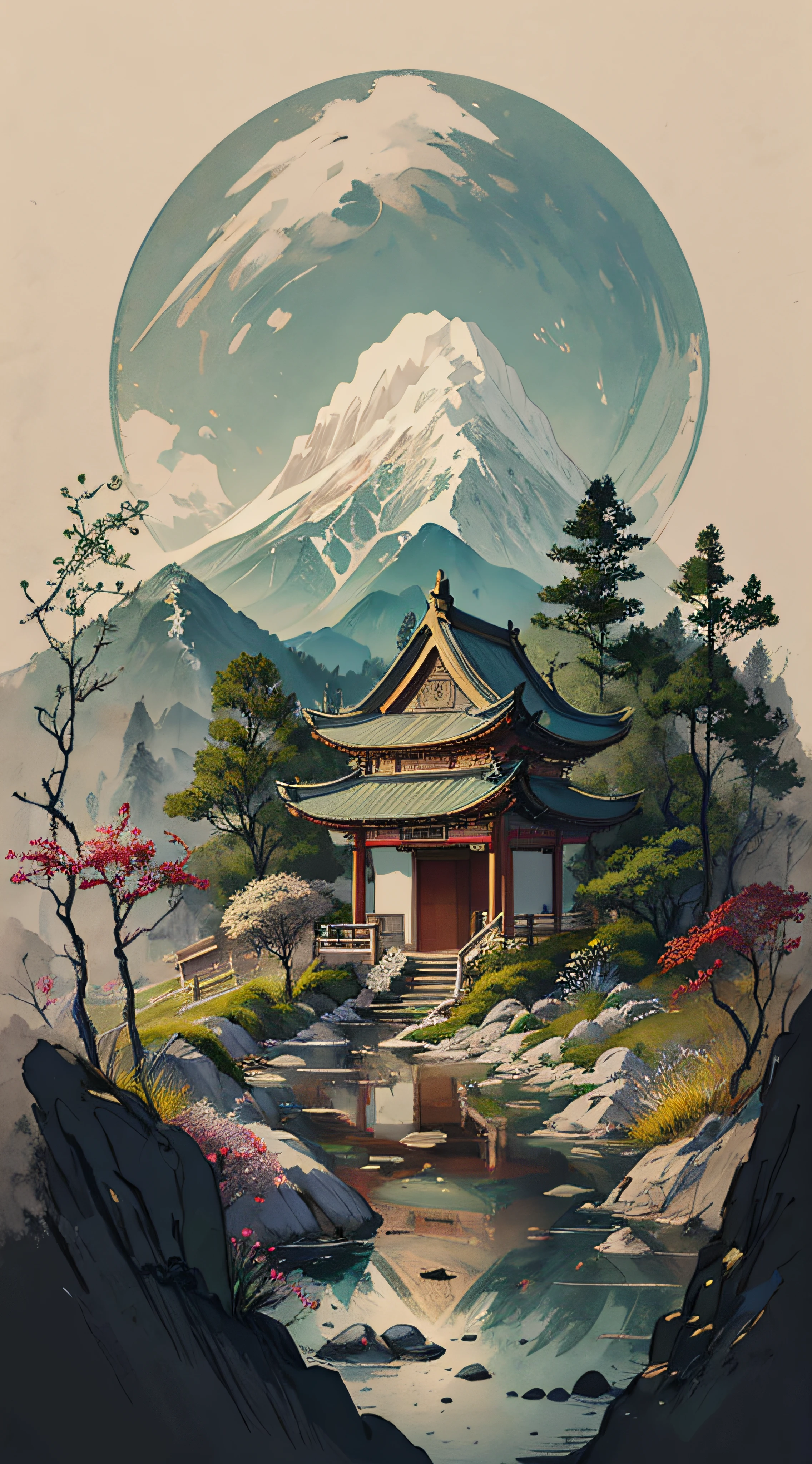 超高分辨率，杰作，8千，壁纸，最高质量，极其详细，Shen Mengxi's painting "千里江山" 描绘的是宋代风格的山水画, 工笔与写意相结合. 在层峦叠嶂的群山之中, 松树生长, 那里有一片浅绿色的湖泊，水面如镜. 一座有亭子的石桥连接两座山. 在远处, 远处有连绵的群山和淡蓝色的天空 ((万里无云)), 夕阳挂在天空, 创造一个迷人的场景,工笔画,像素世界,a photo of shanshui by jinliang,盛开