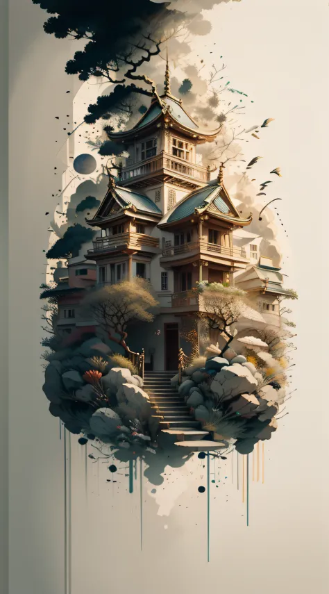 Absurd, high resolution, ultra-detailed, (1 girl:1.3), broken, design a beautiful temple scene, intricate architecture, lush gardens, and a sense of peace and spirituality. Broken, creating an image of a destructive demon with terrifying features, dark pow...
