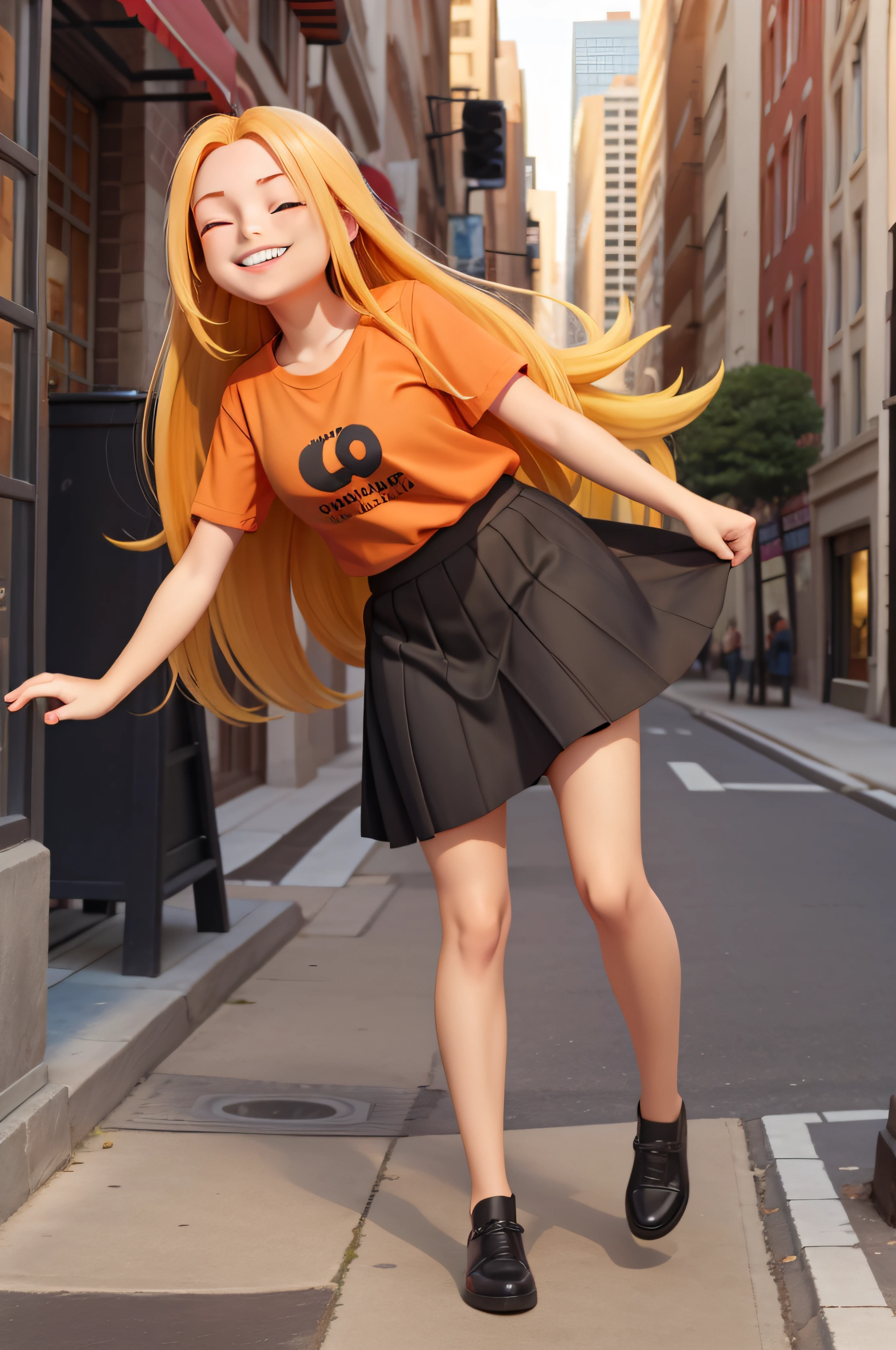 1 girl, 18 years old, long yellow hair, smiling, eyes closed, city, black skirt, orange shirt