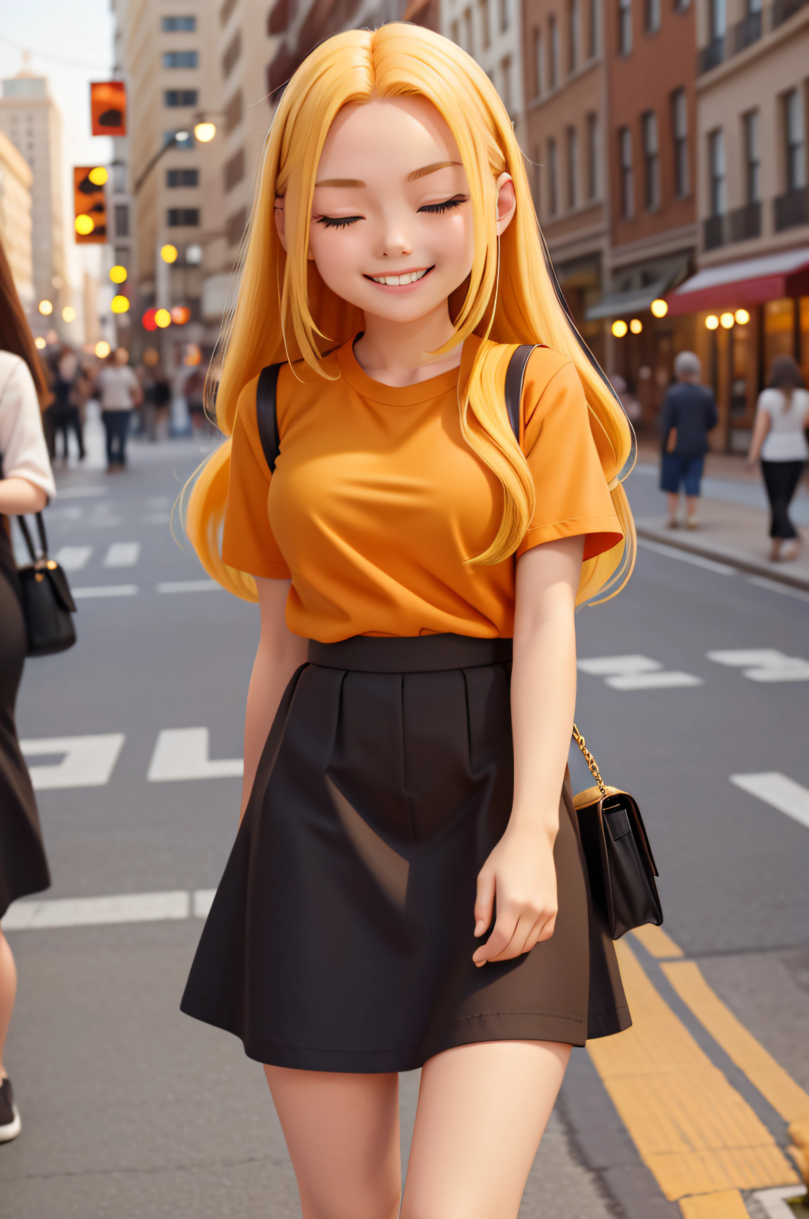1 girl, 18 years old, long yellow hair, smiling, eyes closed, city, black skirt, orange shirt
