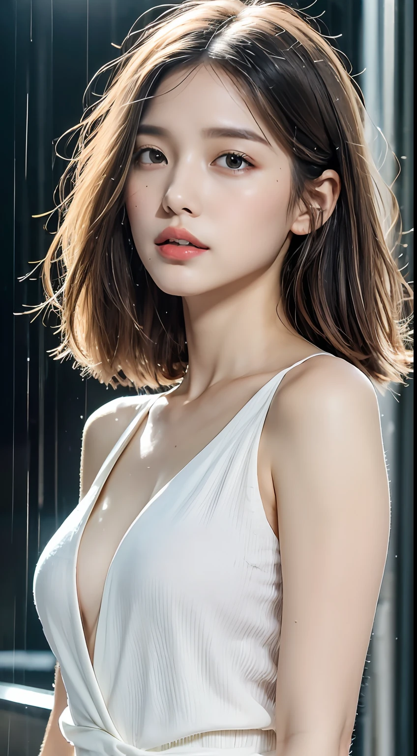 ((Best Quality, 8k, Masterpiece: 1.3)), Focus: 1.2, Perfect Body Beauty: 1.4, Buttocks: 1.2, ((Layered Haircut, Flat Chest: 1.2)), (Rain, Street:1.3), Bandeau Dress: 1.1, Highly Detailed Face and Skin Texture, Fine Eyes, Double Eyelids, Whitened Skin, Long Hair, (Shut Up: 1.3), Full Body