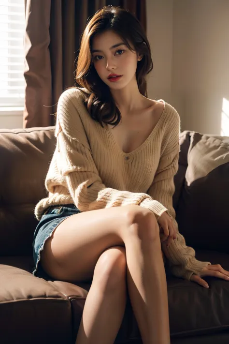1girl,sitting on a cozy couch,crossing legs,soft light with beautiful red lips.