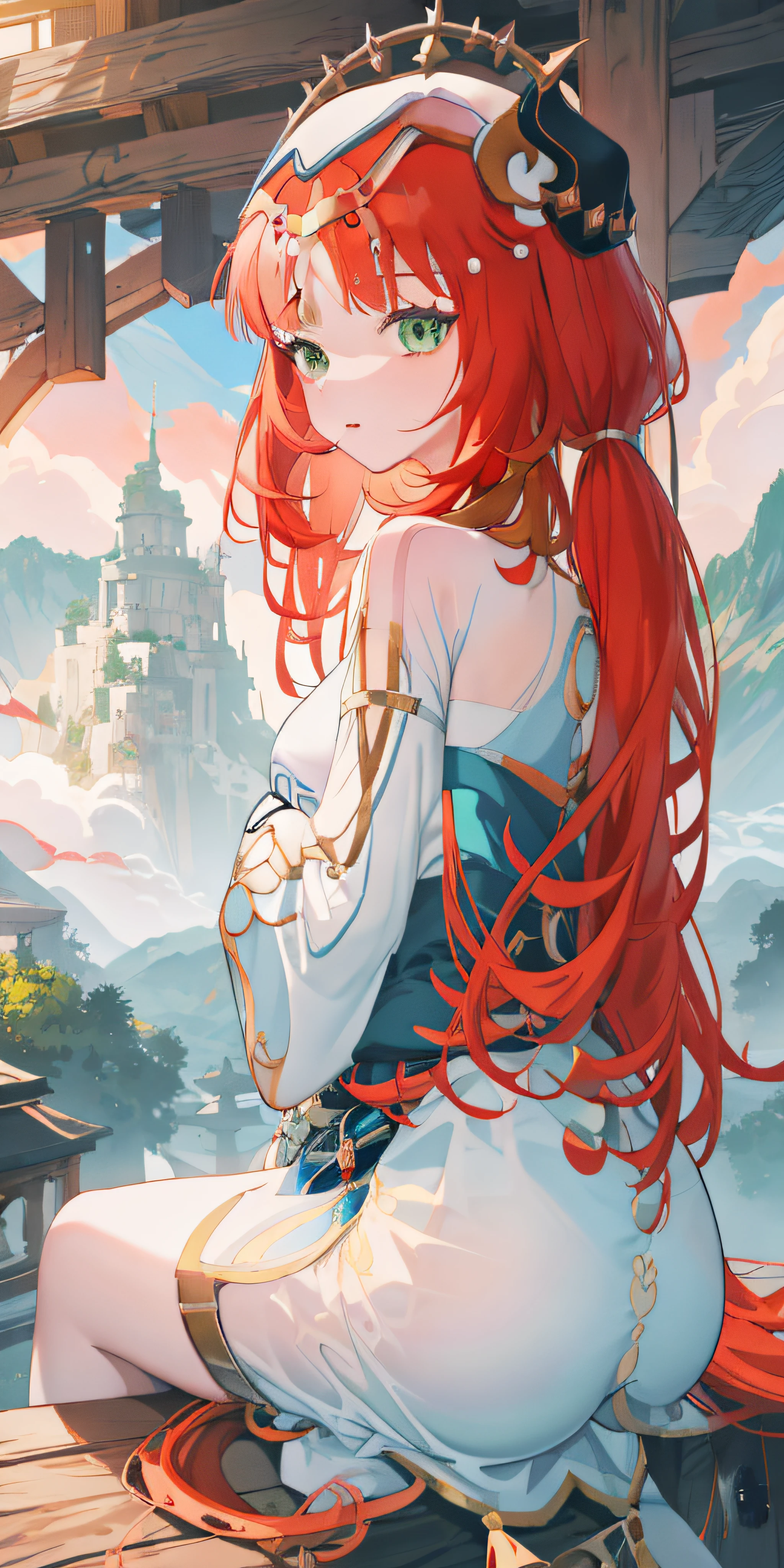 anime girl with red hair sitting on a wooden platform looking out over a mountain range, red waist-long hair, 4 k manga wallpaper, anime girl with long hair, rias gremory, flowing hair and long robes, with red hair, clean detailed anime art, anime art wallpaper 8 k, anime art wallpaper 4 k, anime art wallpaper 4k, hairband, light, green eyes, hair ornament, hairband,