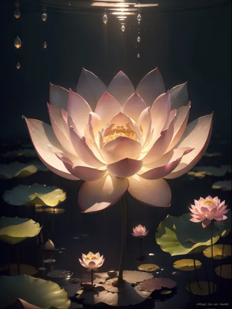 ((The lotus flowers)), super transparent, Holy Light, beautiful spectral light, petals glow, flashes, Dark background, drops of ...
