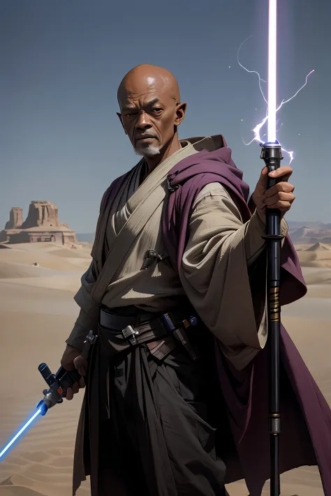 starwars、jedi knight、mace windu style、alien wind、slender macho figure、lightsaber in hand、vast desert landscape、