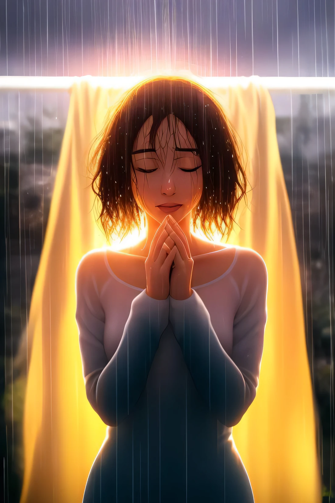 mujer, lluvia, luz solar, (lluviabow:0.7),