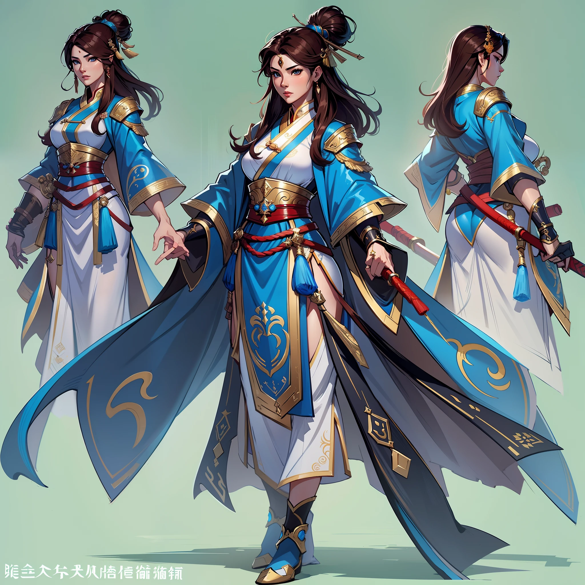 a close up of a strong amazon woman in her 30's, with hazel eyes and brown hair, wearing a blue and black mage's robes, a heroine with hazel eyes, female holding tonfa, mage with water magic, standing in a chinese temple, new costume concept design, in the style of blade and soul, full body character concept, detailed character design, inspired by Yang Jin, inspired by Li Mei-Shu, chinese costume, inspired by Lan Ying, inspired by Sim Sa-Jeong, inspired by Li Tang, lunar themed attire, costume with blue accents, inspired by Ju Lian, colored concept art, highly detailed character design, highly detailed face, inspired by Ai Xuan, very highly detailed face, unreal engine render, final fantasy 14 style, inspired by Leng Mei