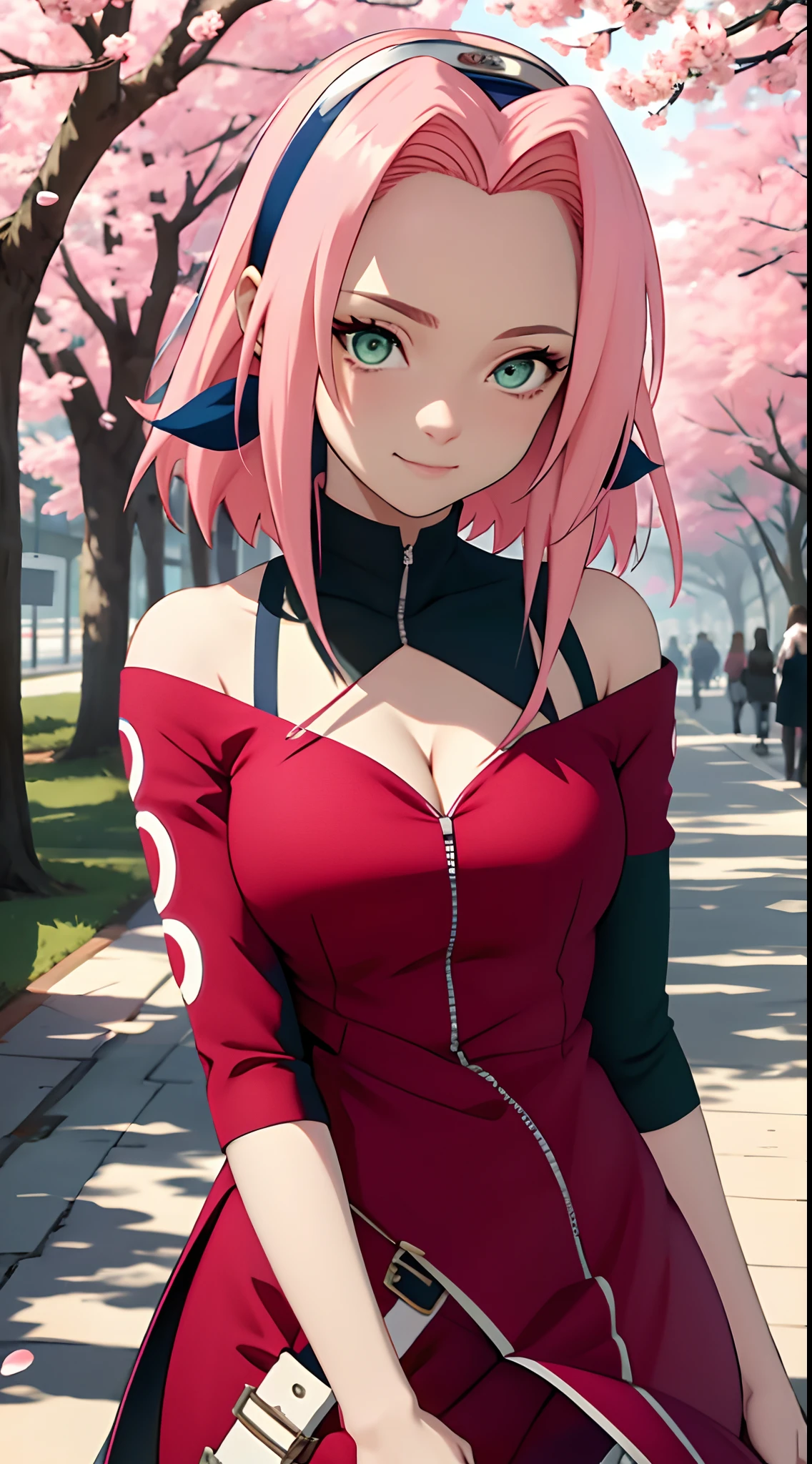 tmasterpiece， Best quality at best， 1girll， Sakura Haruno， Large breasts，Off-the-shoulder attire，（cleavage)，（upperbody closeup)，Raised sexy，is shy，ssmile，with pink hair， long whitr hair， （Green eyeballs:1.4)， Forehead protection， the cherry trees，Cherry blossoms flying，Red clothes，Zipper half