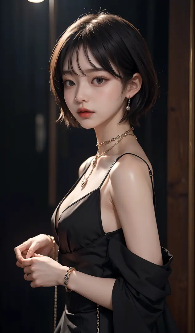 (natta)、((top-quality、​masterpiece:1.3))、sharp:1.2、Perfect Body Beauty:1.4、((Layered hairstyle))、(Black Dress:1.3)、(nighttime scene:1.2)、(chains:1.3)、Highly detailed facial and skin texture、Detailed eye、二重まぶた、((short-length hair))、boyish、Cool、((unisex))、bi...