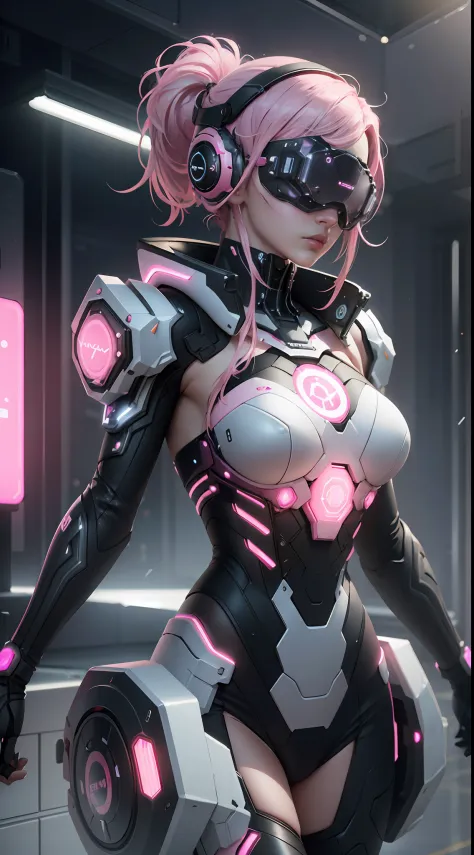 ((Best Quality)), ((Masterpiece)), (Very Detailed:1.3), 3D, Beautiful (Pink Cyberpunk:1.3) Female, straight pink hairstyle, big ...