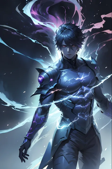 epic anime style, purple lightning, evil temperament, 20-year-old male shadow assassin, glowing black aura, shadow supervisor, h...