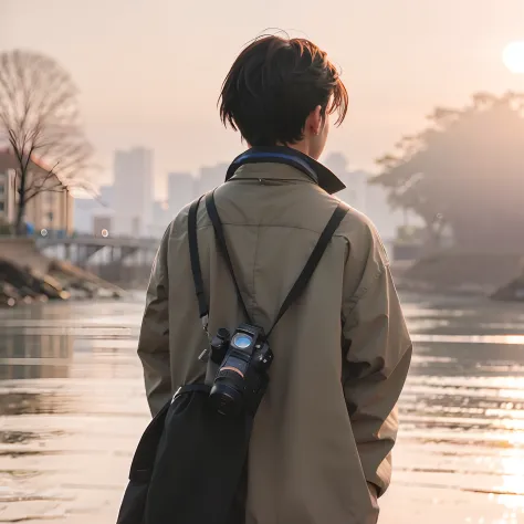 Man of Aalfid standing on the beach looking at the water, watching the sunset, With your back to the camera, With your back to t...