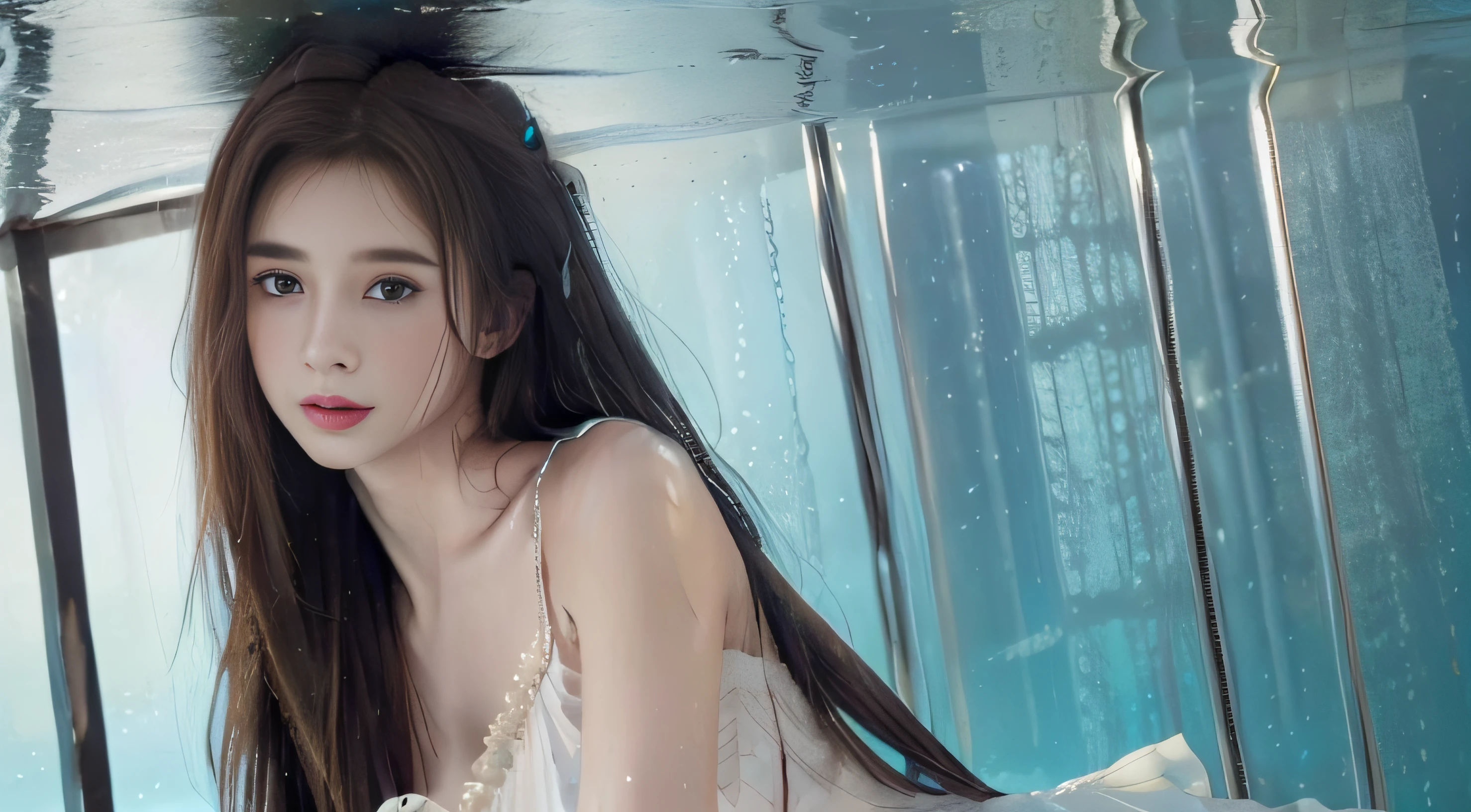 (((masterpiece))),(best quality),(solo),highres, extremely detail CG,wallpaper,extremely detailed figure,Amazing,1girl, (((underwater))),very long hair, detailed face,((beautiful detail light reflective water)),beautiul detail blue eyes and hair,wavy hair,(wite pleated dress)((wet clothes)), (blue ribbons wrapped  the girl ),facing away,((ultra-detailed)),shiny water,((wide shot)),