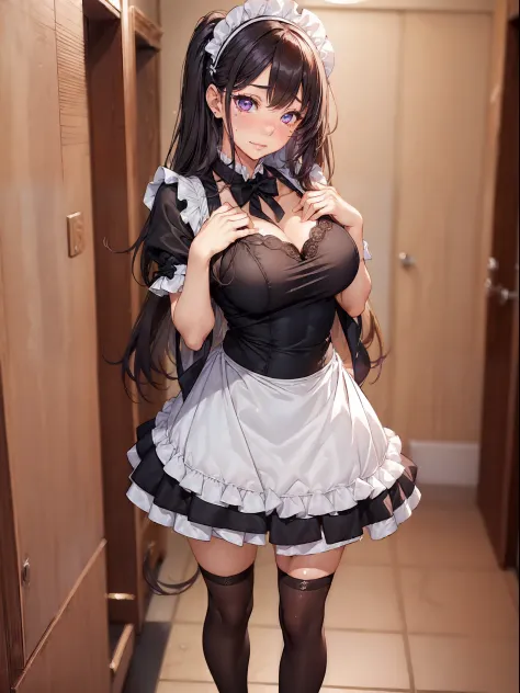 ((((1girl in)))), sexy mature maid, gradient hair, heterochromatic eyes, embarrassed face, nose blush, blushing, ((sexy maid clo...