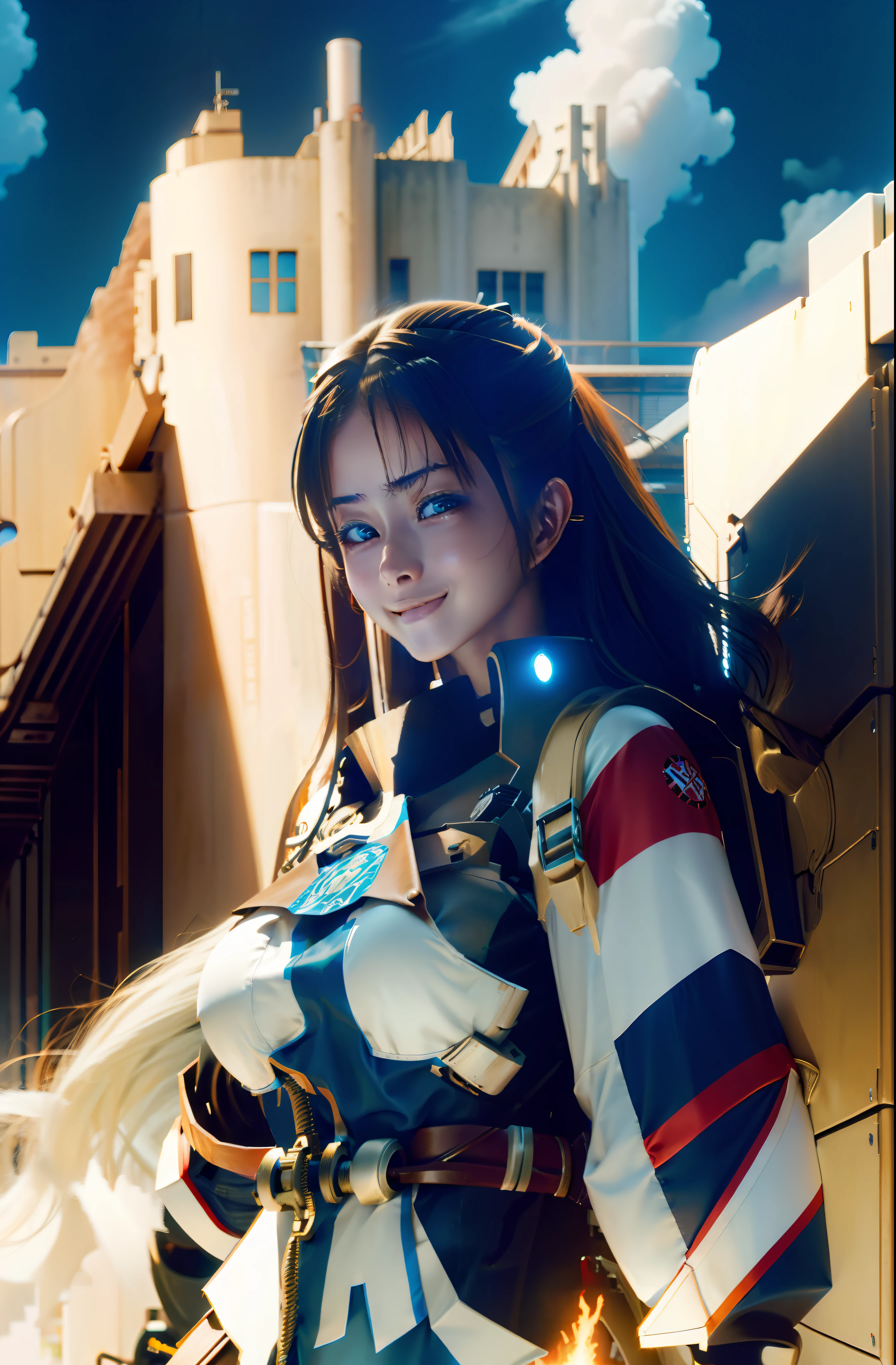 A woman in a futuristic outfit holding a sword in front of a building -  SeaArt AI